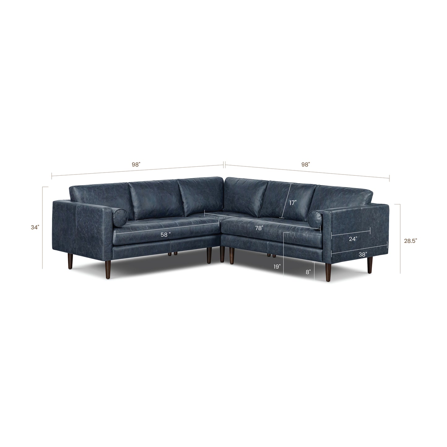 Napa 98" Leather L-Shaped Corner Sectional Sofa | Nightfall Blue