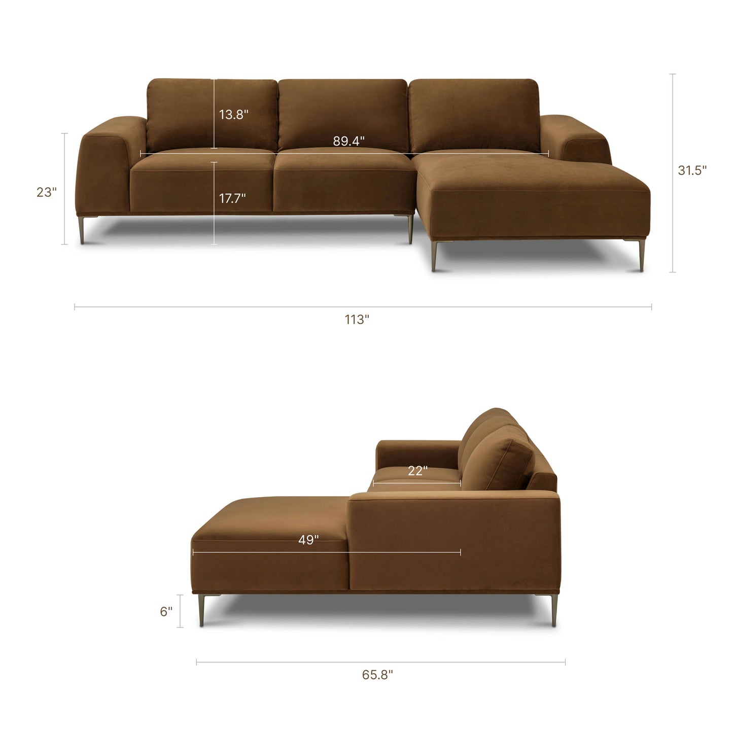 Rue 113" Right-Facing Chaise Sectional | Haven Brown