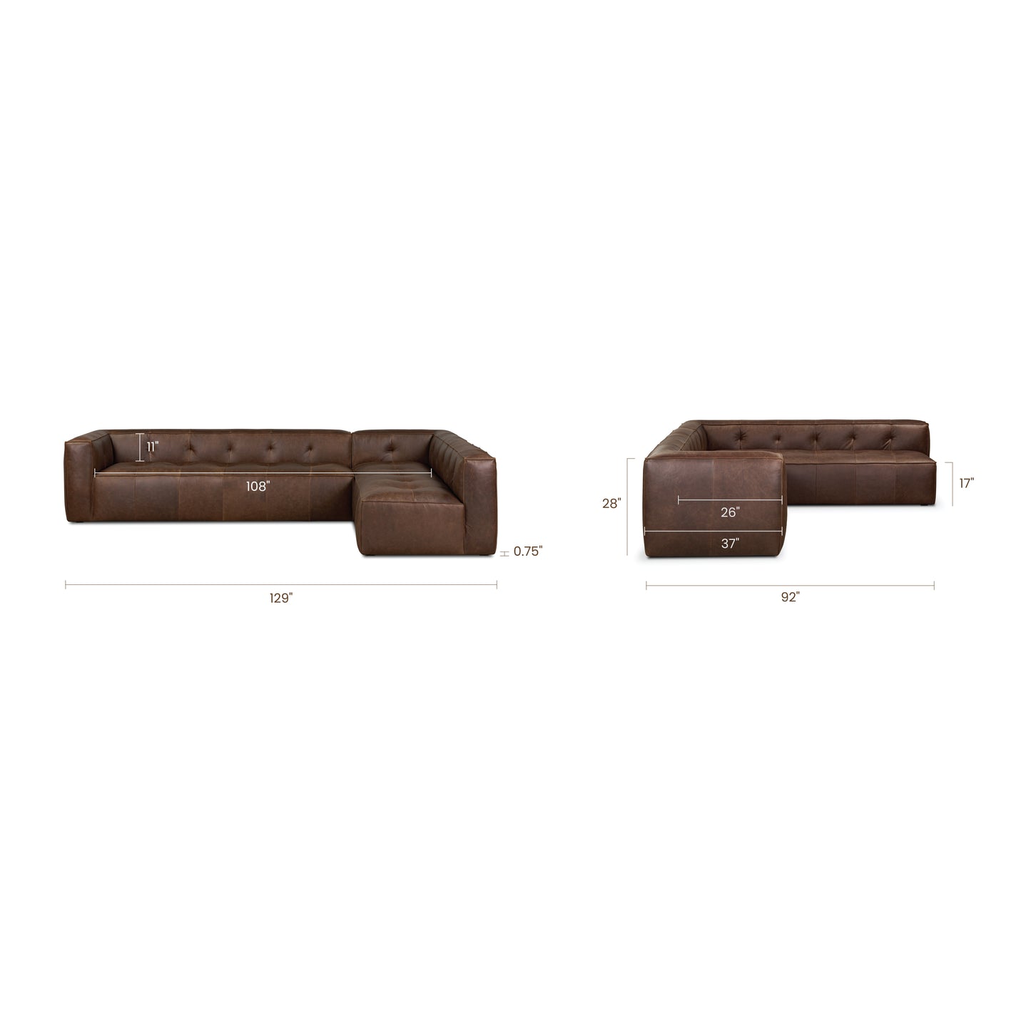 Capa 129" Leather L-Shaped Corner Sectional Sofa | Chocolate Brown