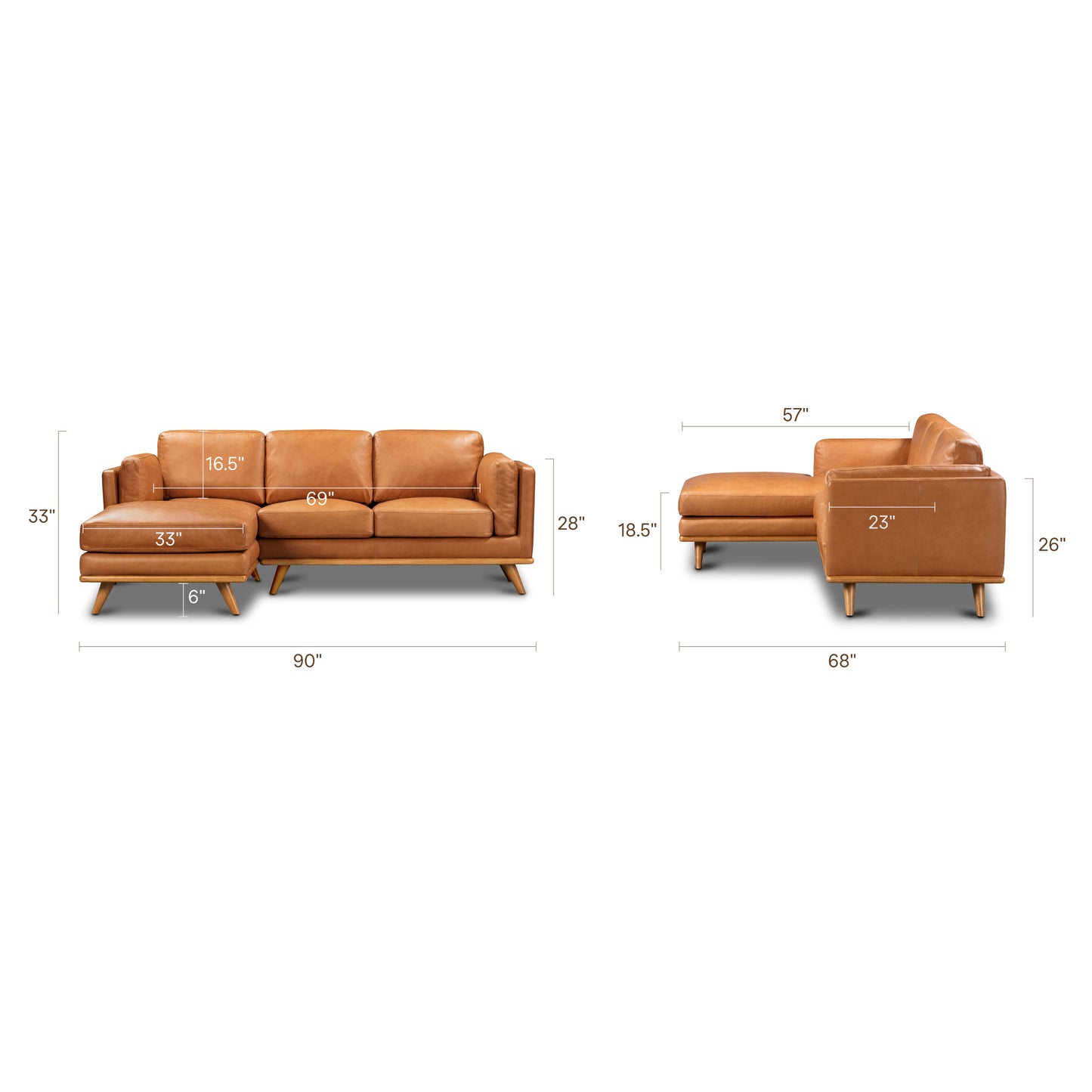 Cadiz 90" Leather Left-Facing Sectional Sofa | Saddle Tan