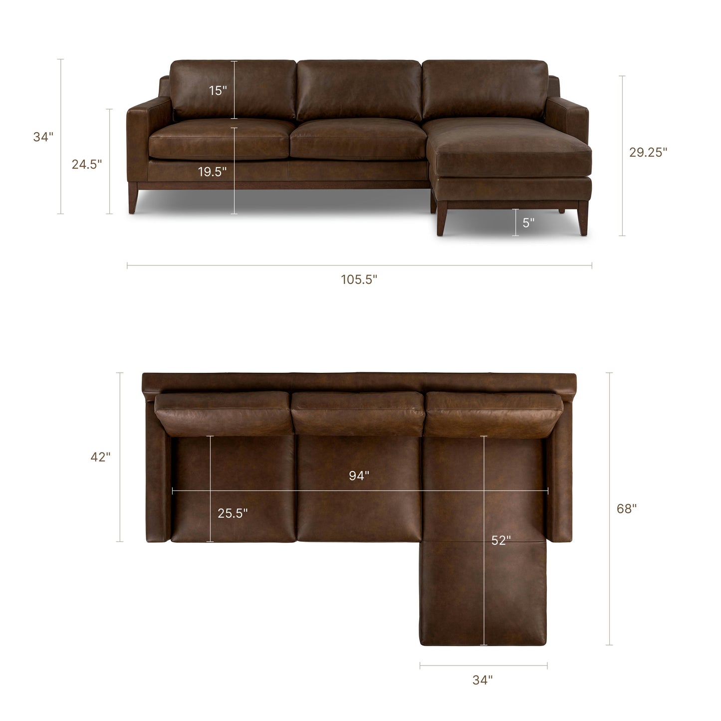Zyon 105.5" Leather Reversible Chaise Sectional | Vintage Brown