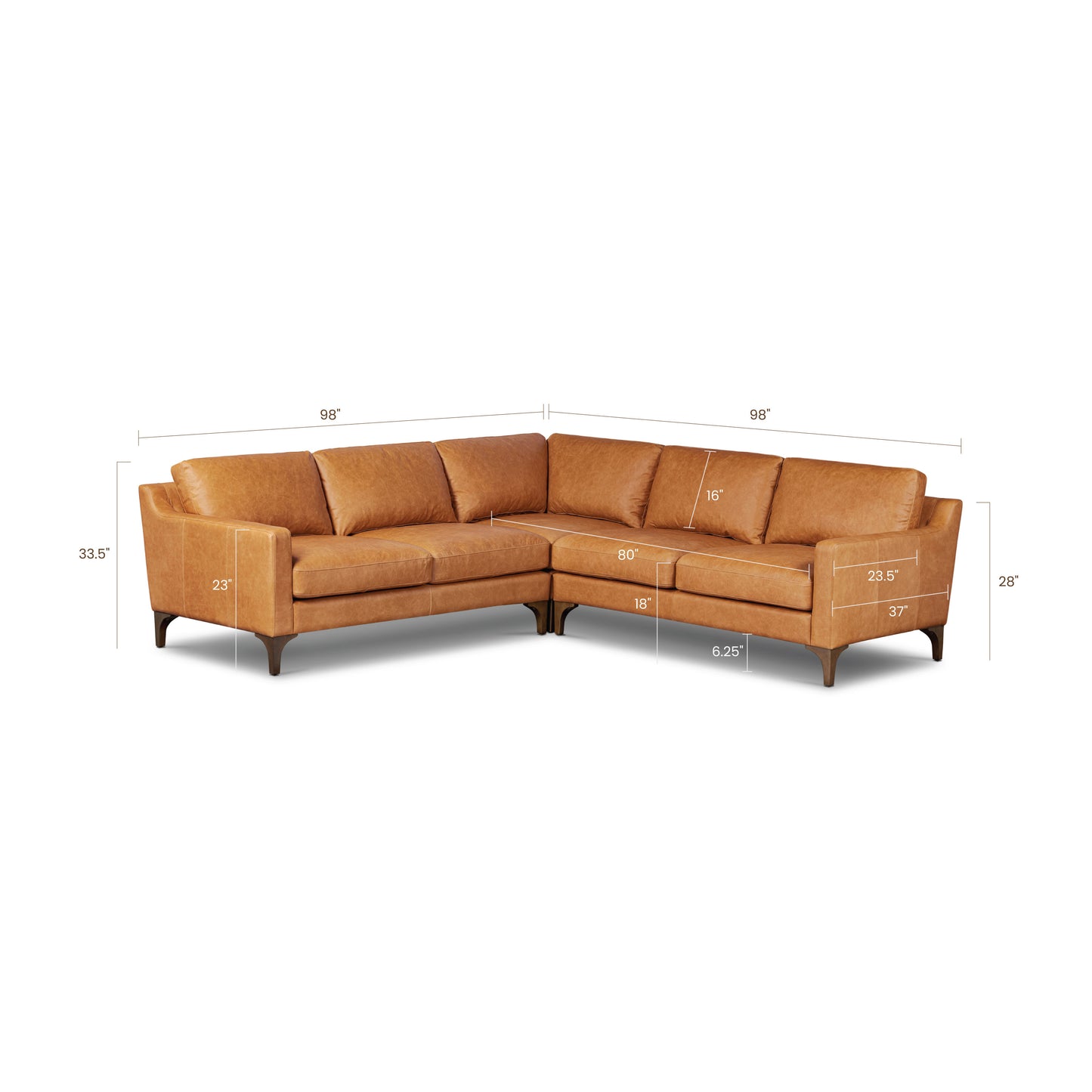 Sorrento 98" Leather L-Shaped Corner Sectional Sofa | Cognac Tan