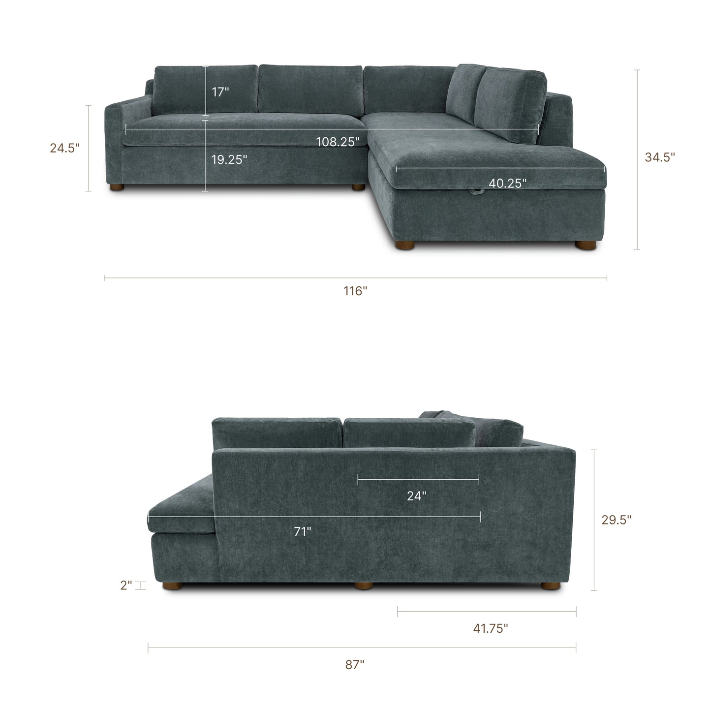 Madero 116" Right-facing Sleeper Bumper Chaise Sectional | Boreal Blue
