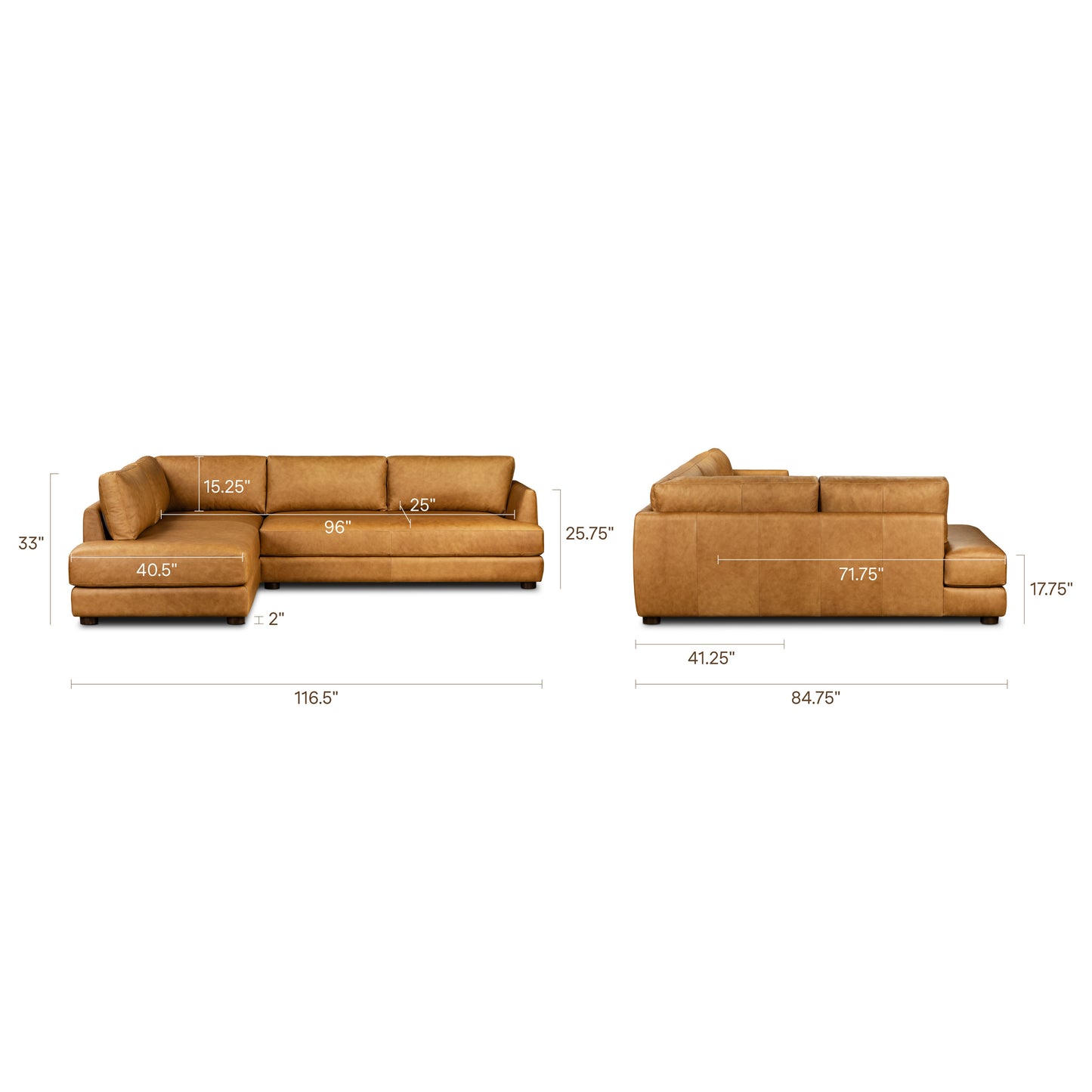 Catania 116.5" Leather Left-Facing Bumper Sectional Sofa | Cognac Tan