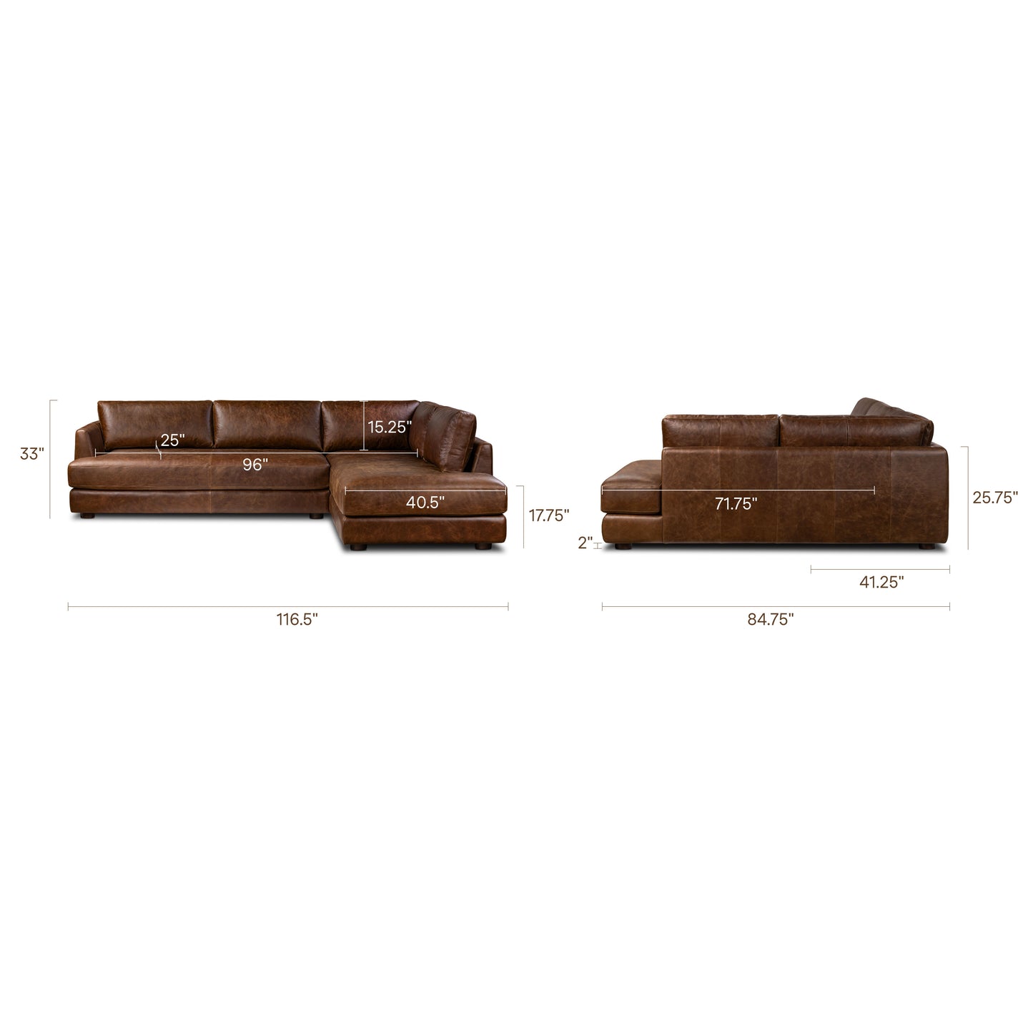 Catania 116.5" Leather Right-Facing Bumper Sectional Sofa | Chocolate Brown