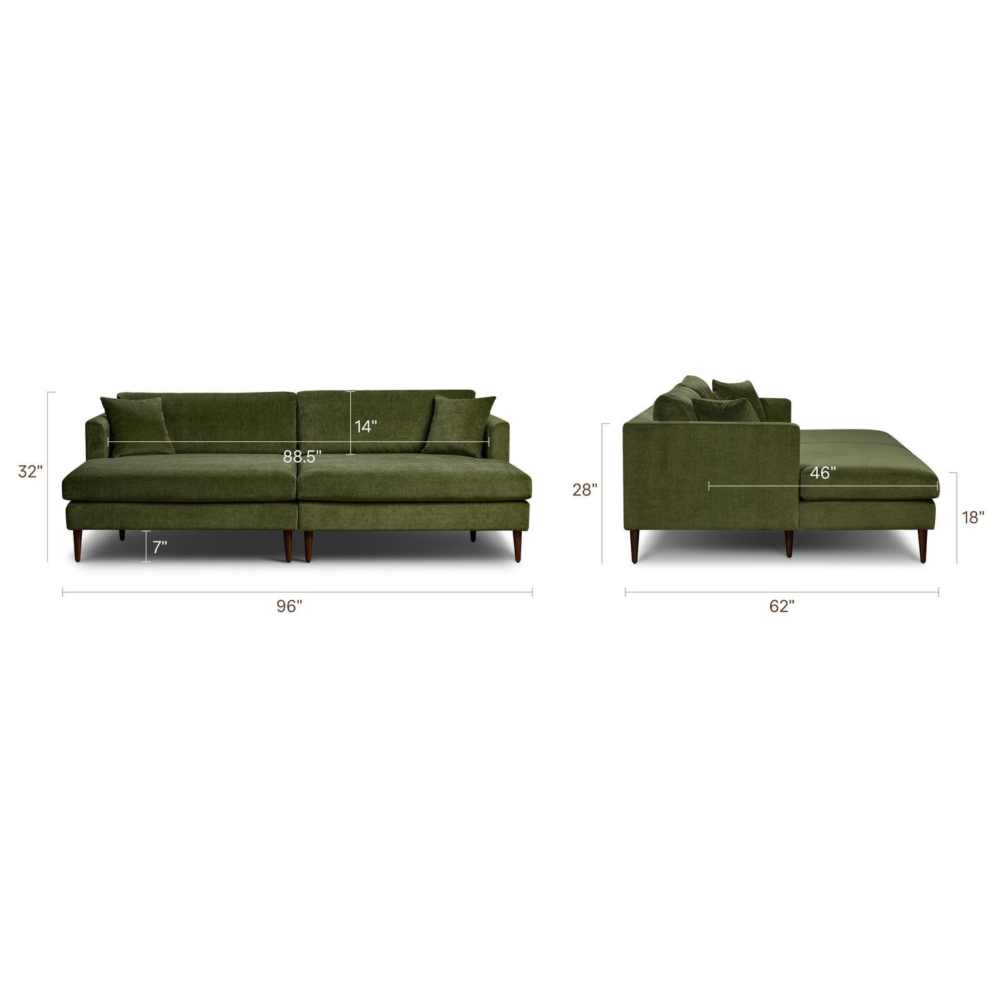 Lucerne Double Chaise Sectional (96") | Distressed Green Velvet