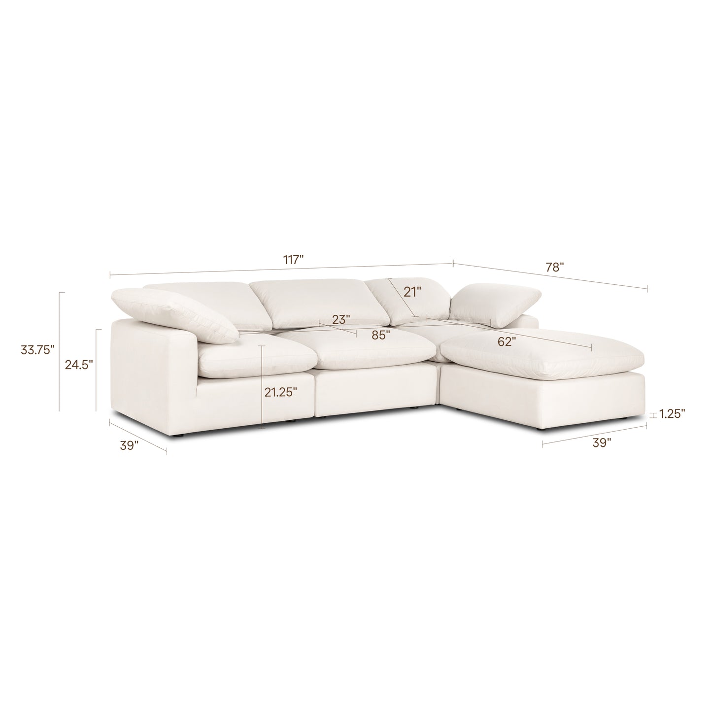 Aspen 118" Modular 4-Piece L-Shaped Sectional with Reversible Ottoman | Linen White