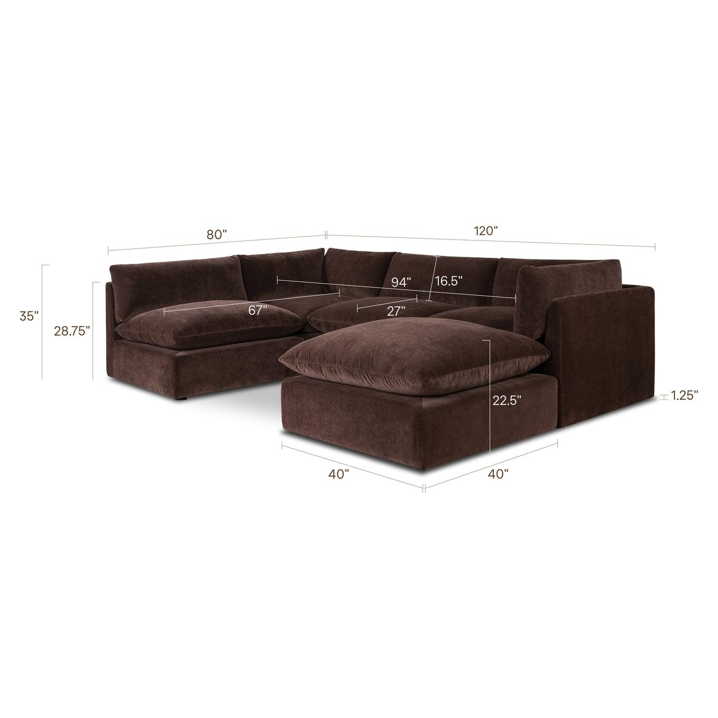 Davos 122" Modular 5-Piece U-Shaped Double Chaise Sectional | Sable Brown