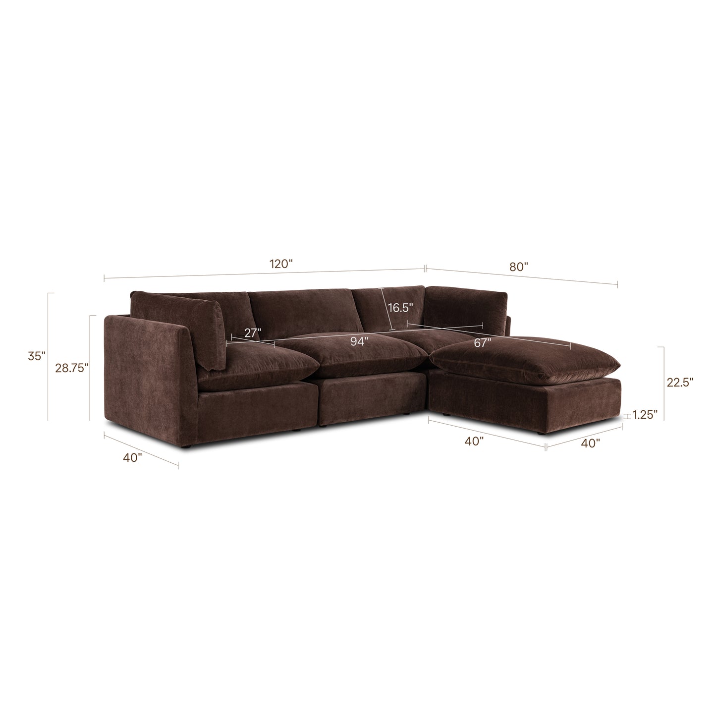 Davos 122" Modular 4-Piece L-Shaped Sectional with Reversible Ottoman | Sable Brown
