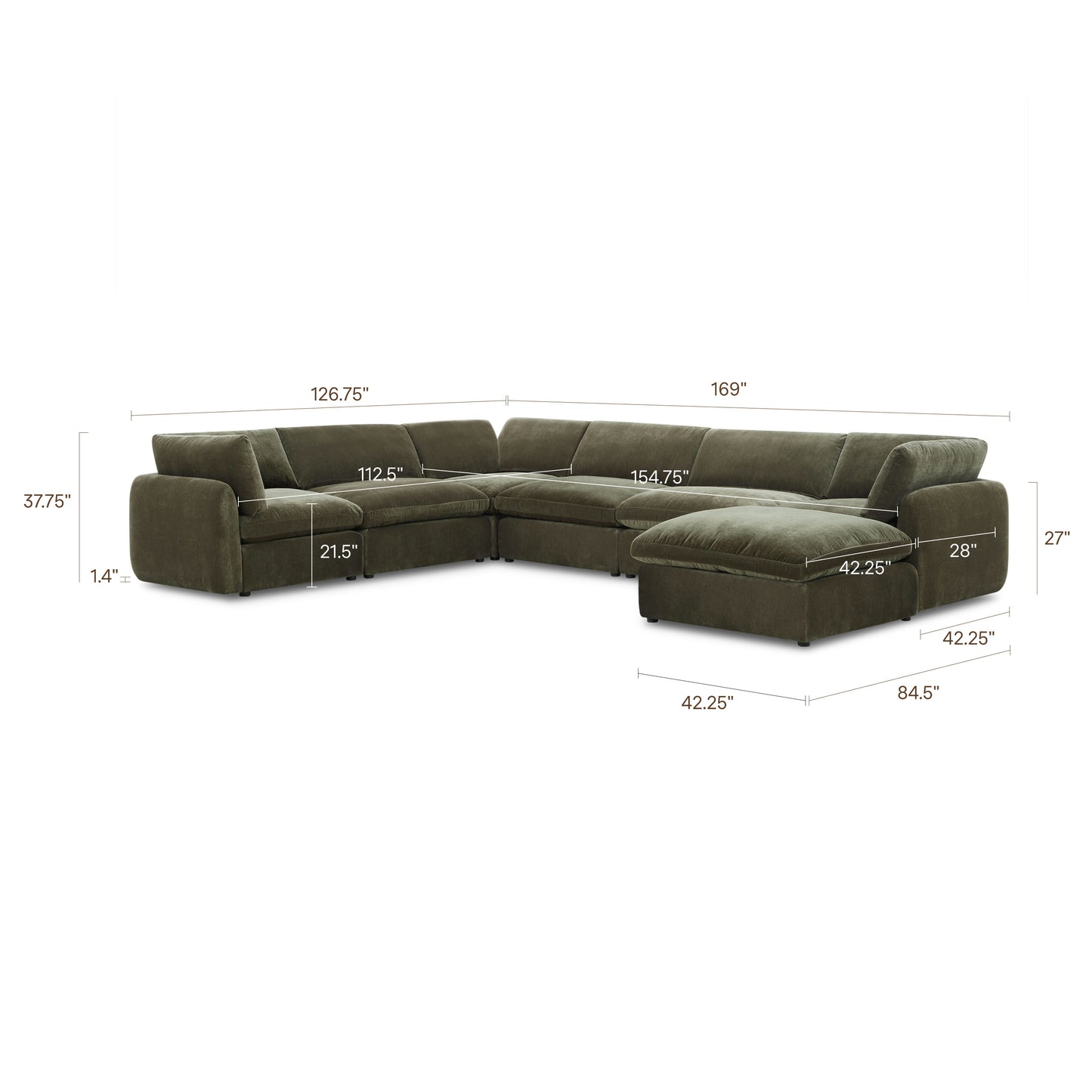 Tonga Modular 7-Piece L-Shaped Sectional with Chaise | Lume Green