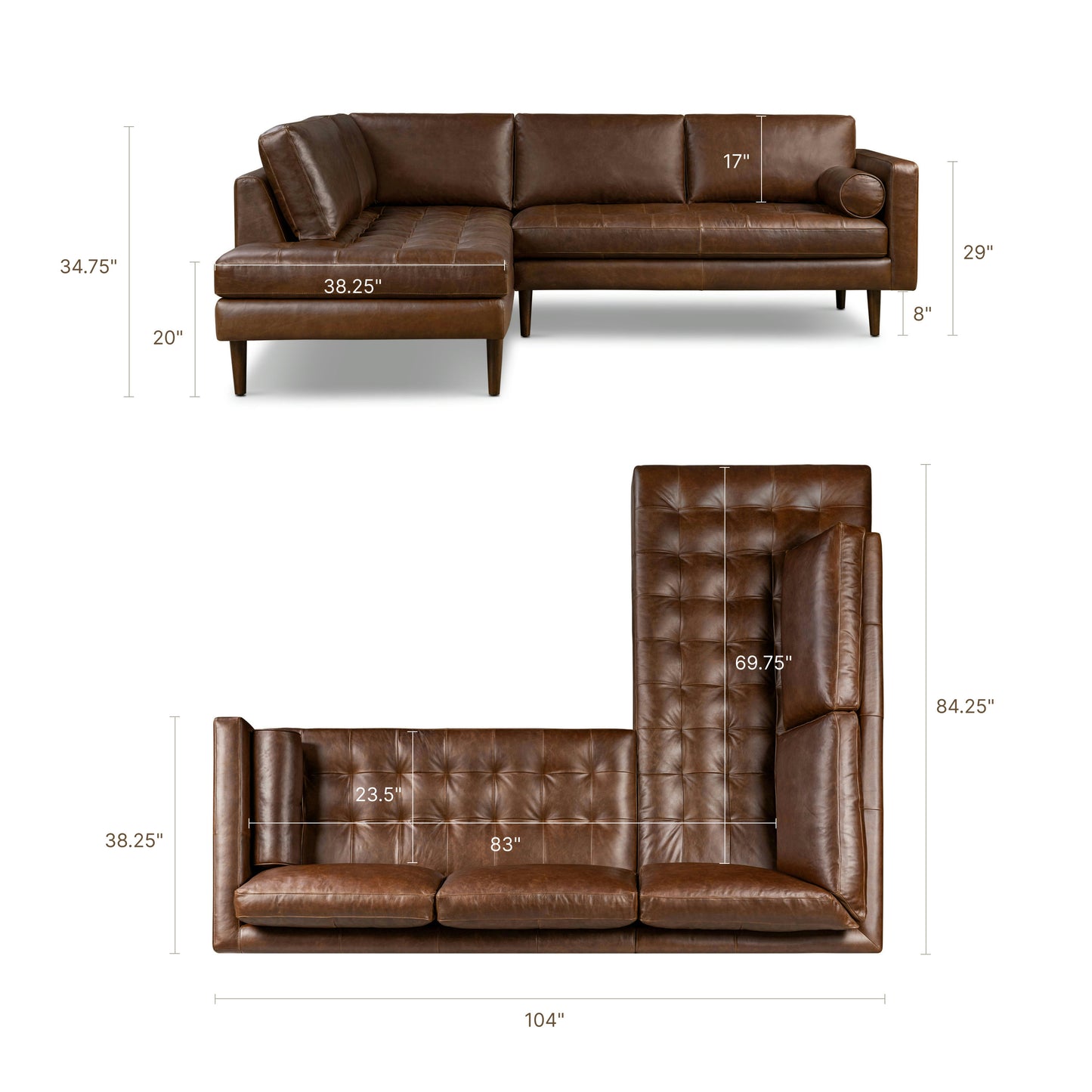 Napa 104" Leather Left-Facing Bumper Chaise Sectional | Chocolate Brown