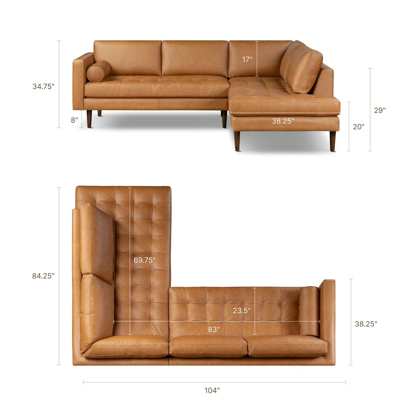 Napa 104" Leather Right-Facing Bumper Chaise Sectional | Cognac Tan