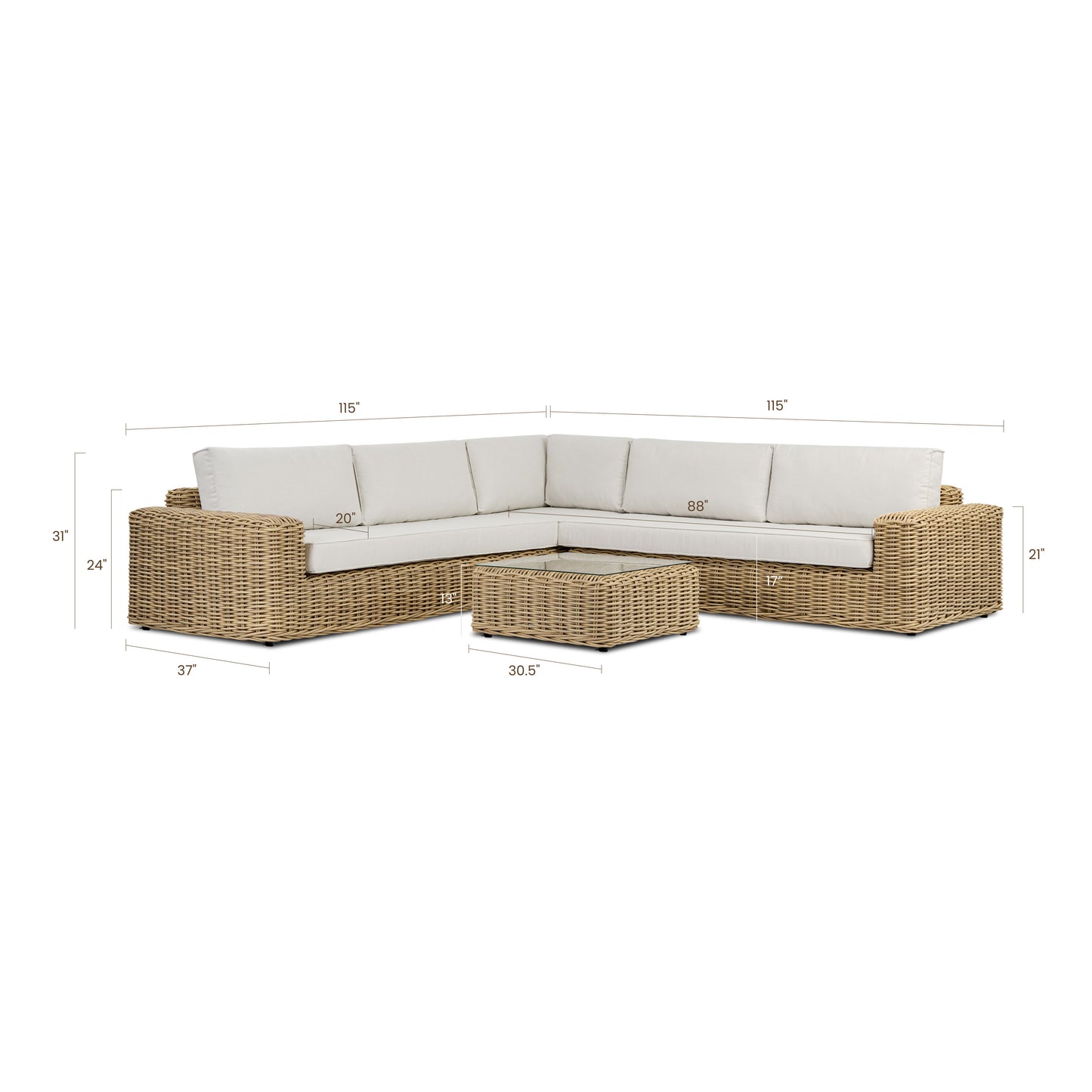 Puglia 115" Corner Sectional Set with Coffee Table | Sand