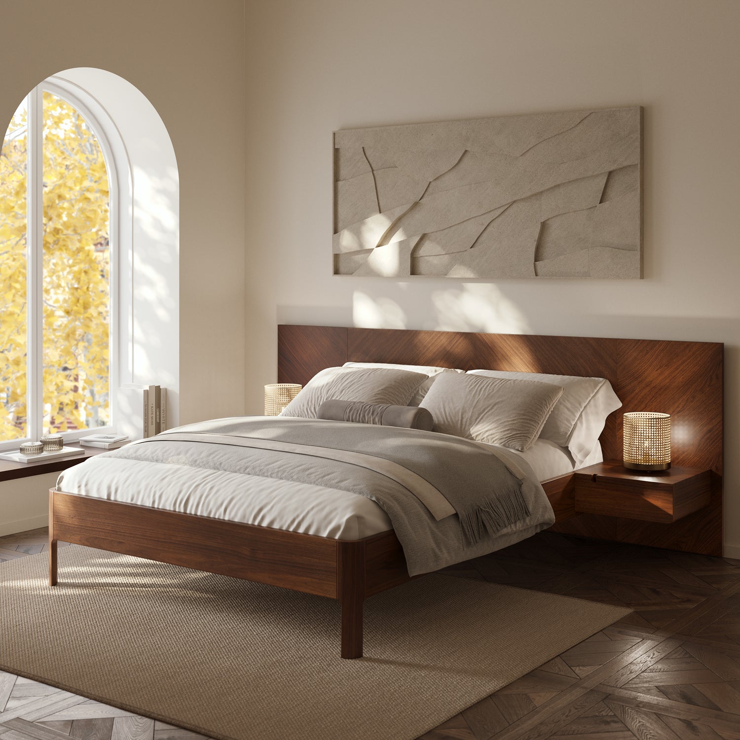 Amalfi Low Profile Bed with Nightstands | Walnut | Queen lifesyle_image