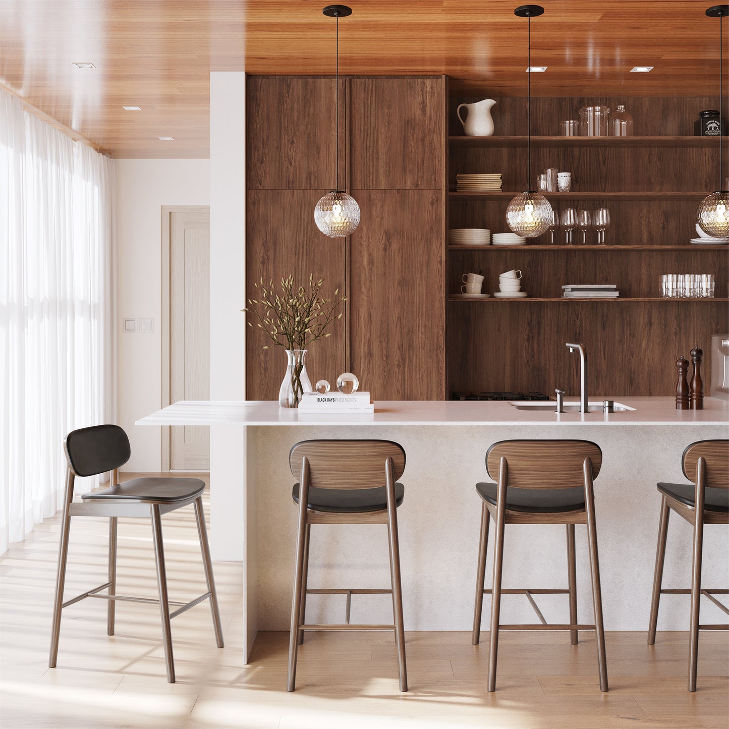 Bonato Leather Counter Stool | Black/Walnut