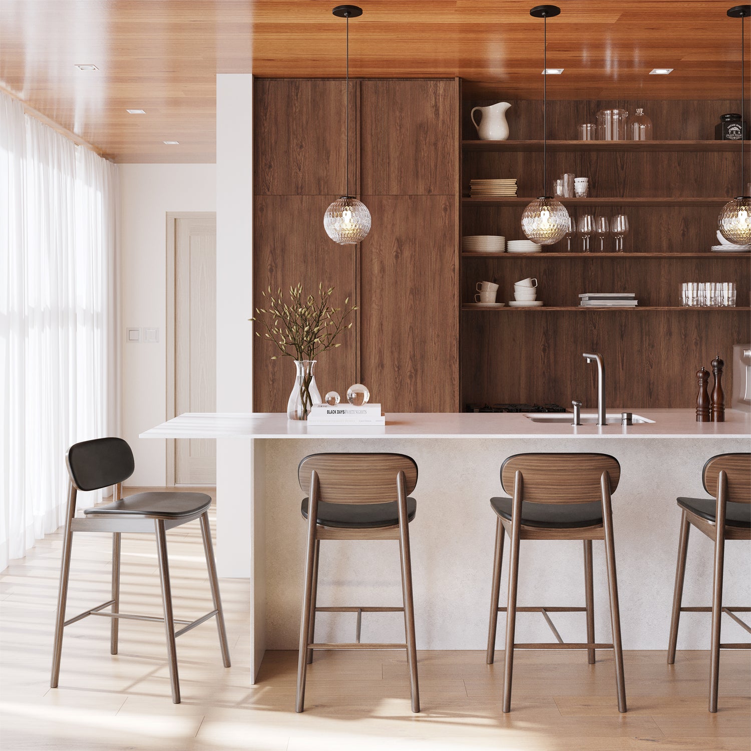 Bonato Leather Counter Stool | Black/Walnut 