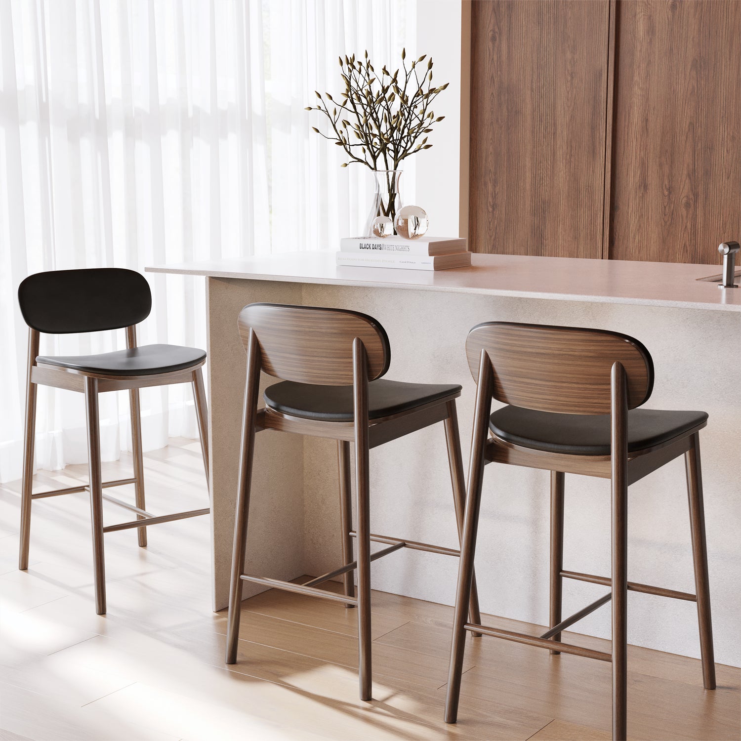Bonato Leather Counter Stool | Black/Walnut lifestyle_image