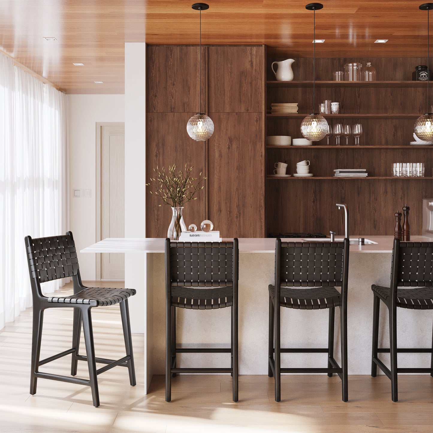 Banda Teak & Leather Counter Height Stool | Havana Black