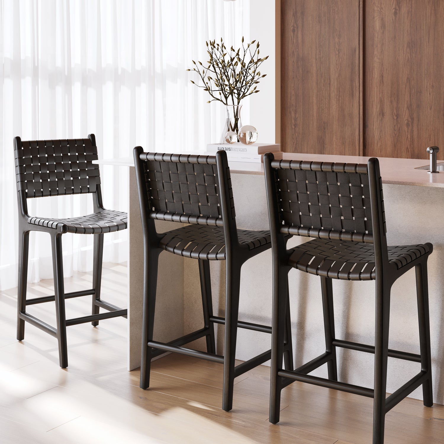Banda Teak & Leather Counter Height Stool | Havana Black 
