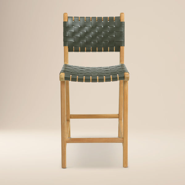 Banda Teak & Woven Leather Counter Height Stool | Hunter Green