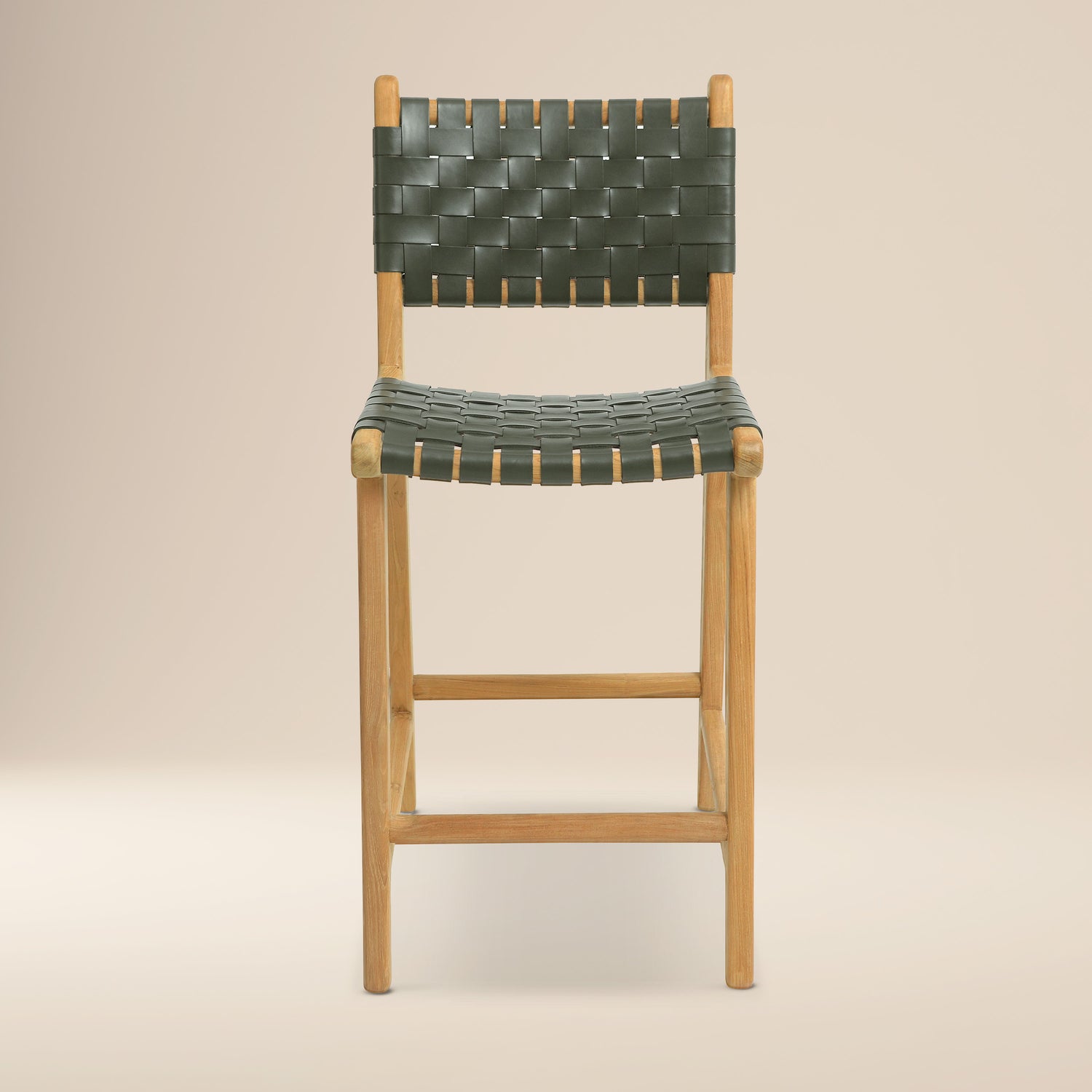 Banda Teak & Woven Leather Counter Height Stool | Hunter Green 