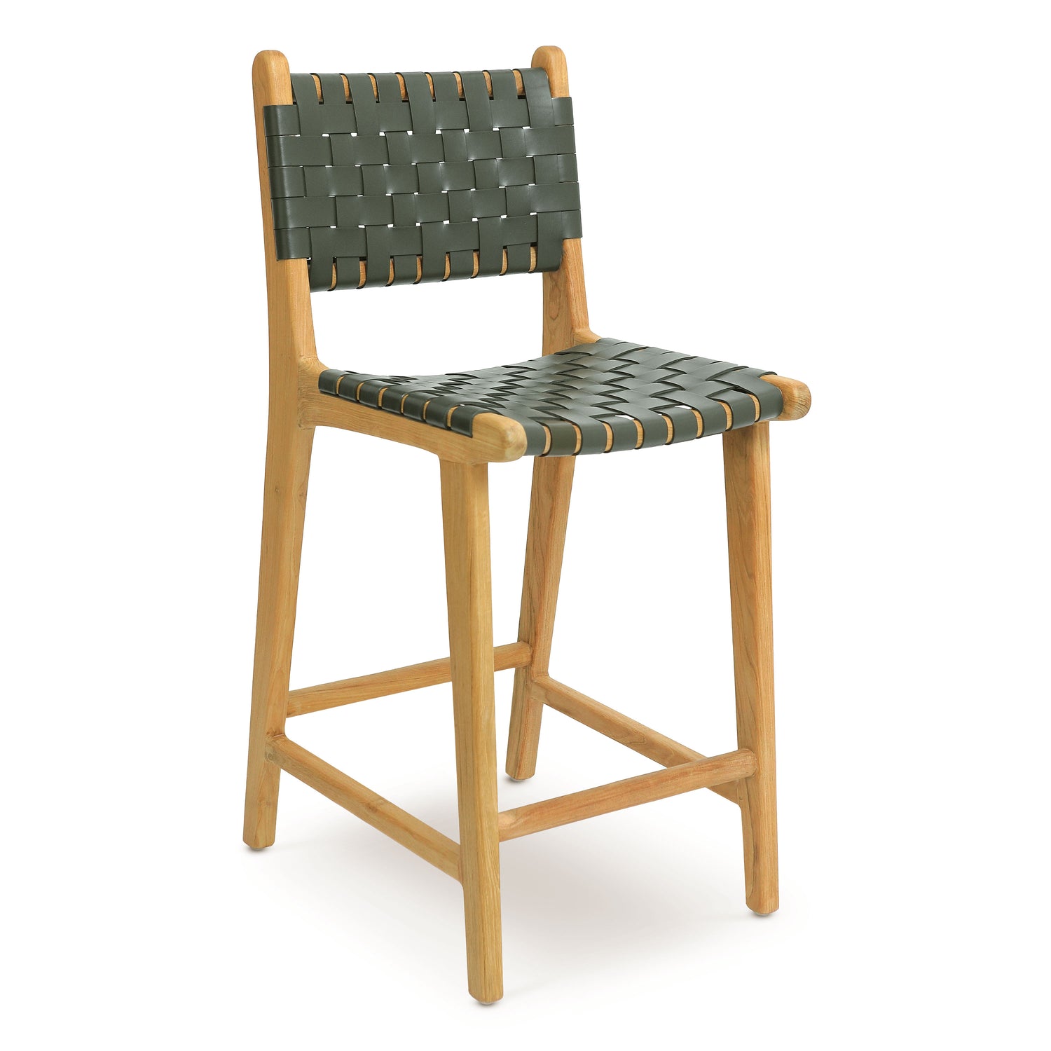 Banda Teak & Woven Leather Counter Height Stool | Hunter Green 