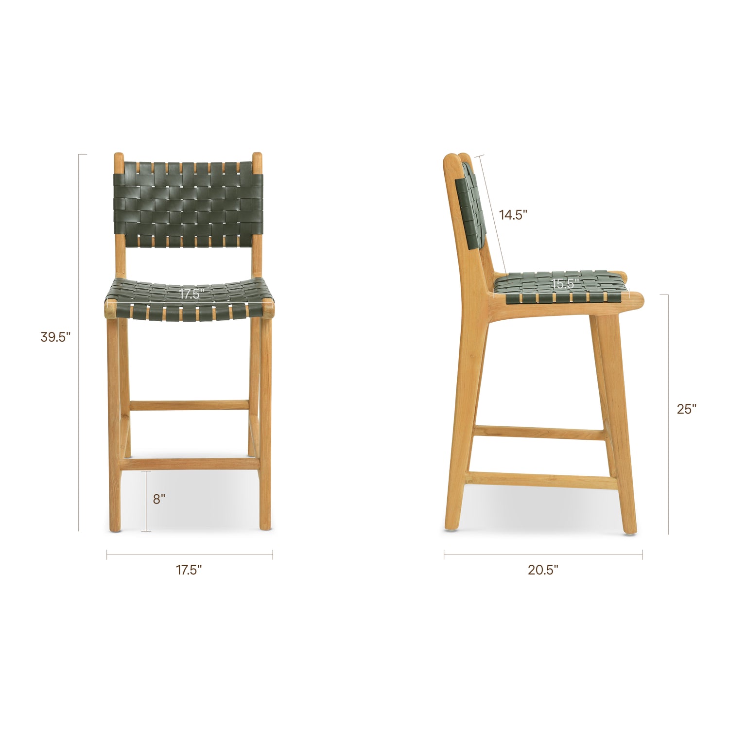 Banda Teak & Woven Leather Counter Height Stool | Hunter Green 