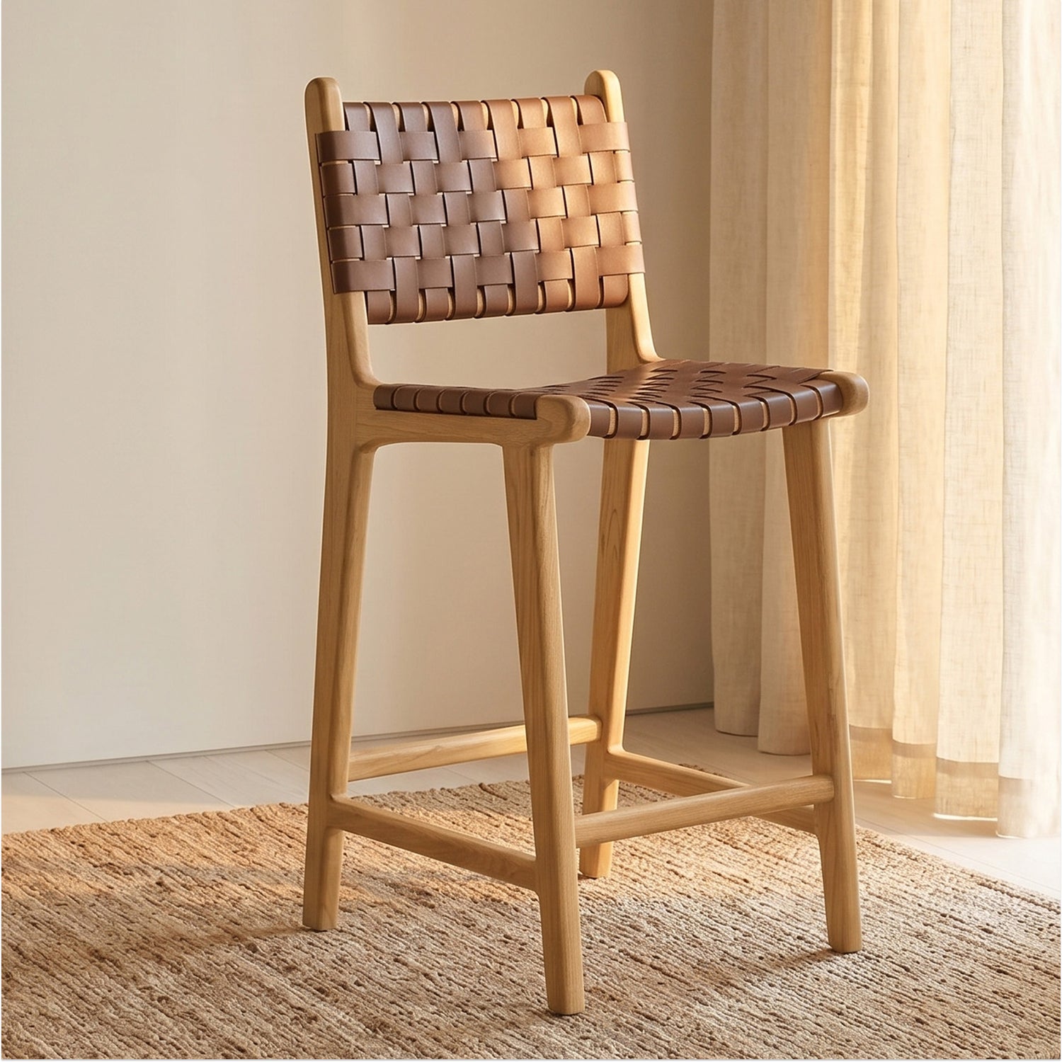 Banda Teak & Woven Leather Counter Height Stool | Molten Brown lifestyle_image