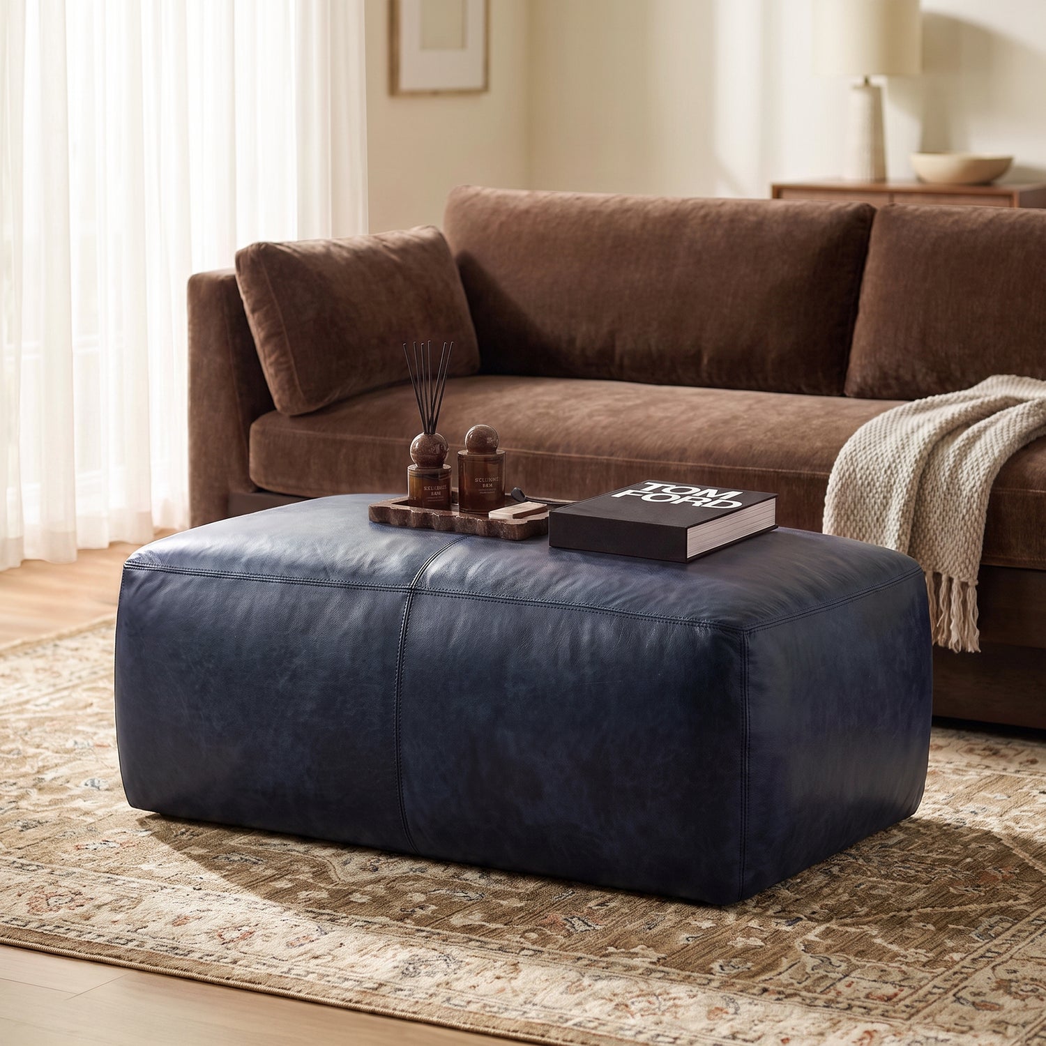 Denver Leather Ottoman | Midnight Blue lifestyle_image