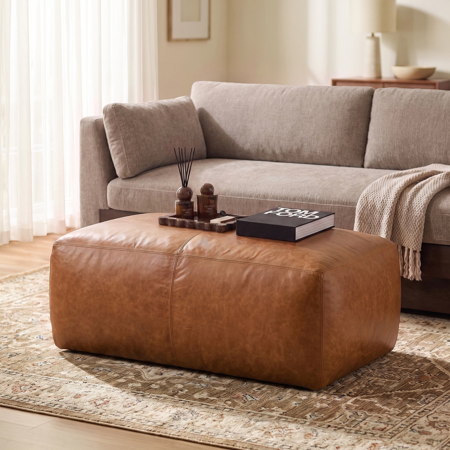 Denver Leather Ottoman | Cognac Tan lifestyle_image