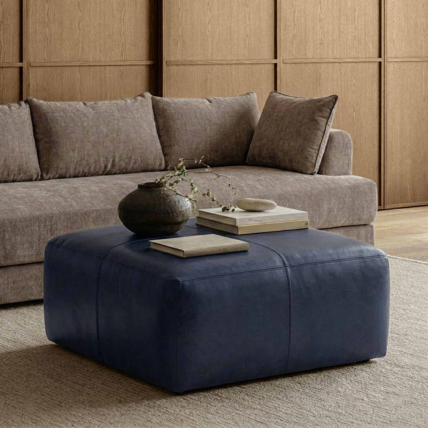 Sequoia Leather Ottoman | Midnight Blue lifestyle_image