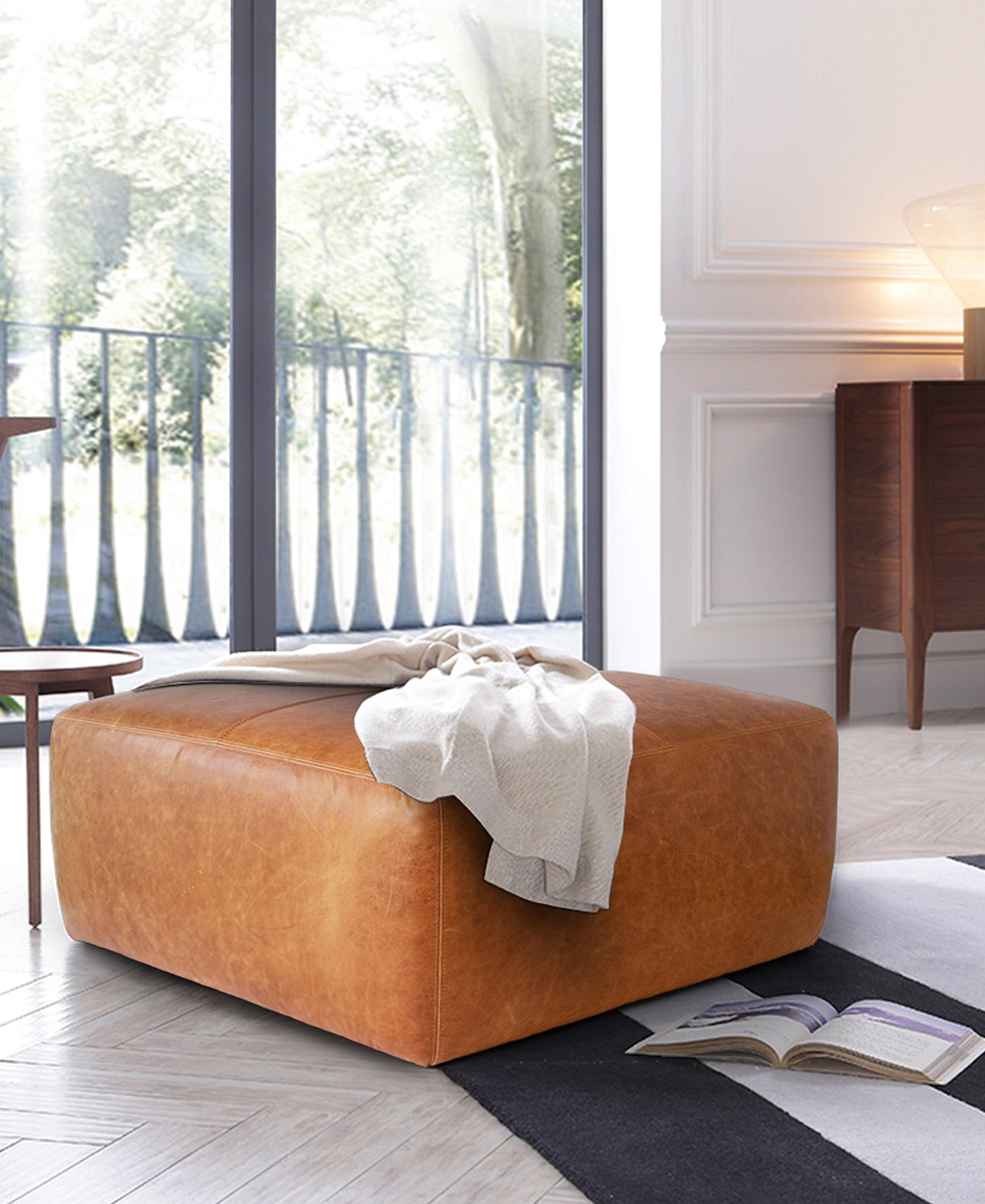 Sequoia Leather Ottoman | Cognac Tan lifestyle_image