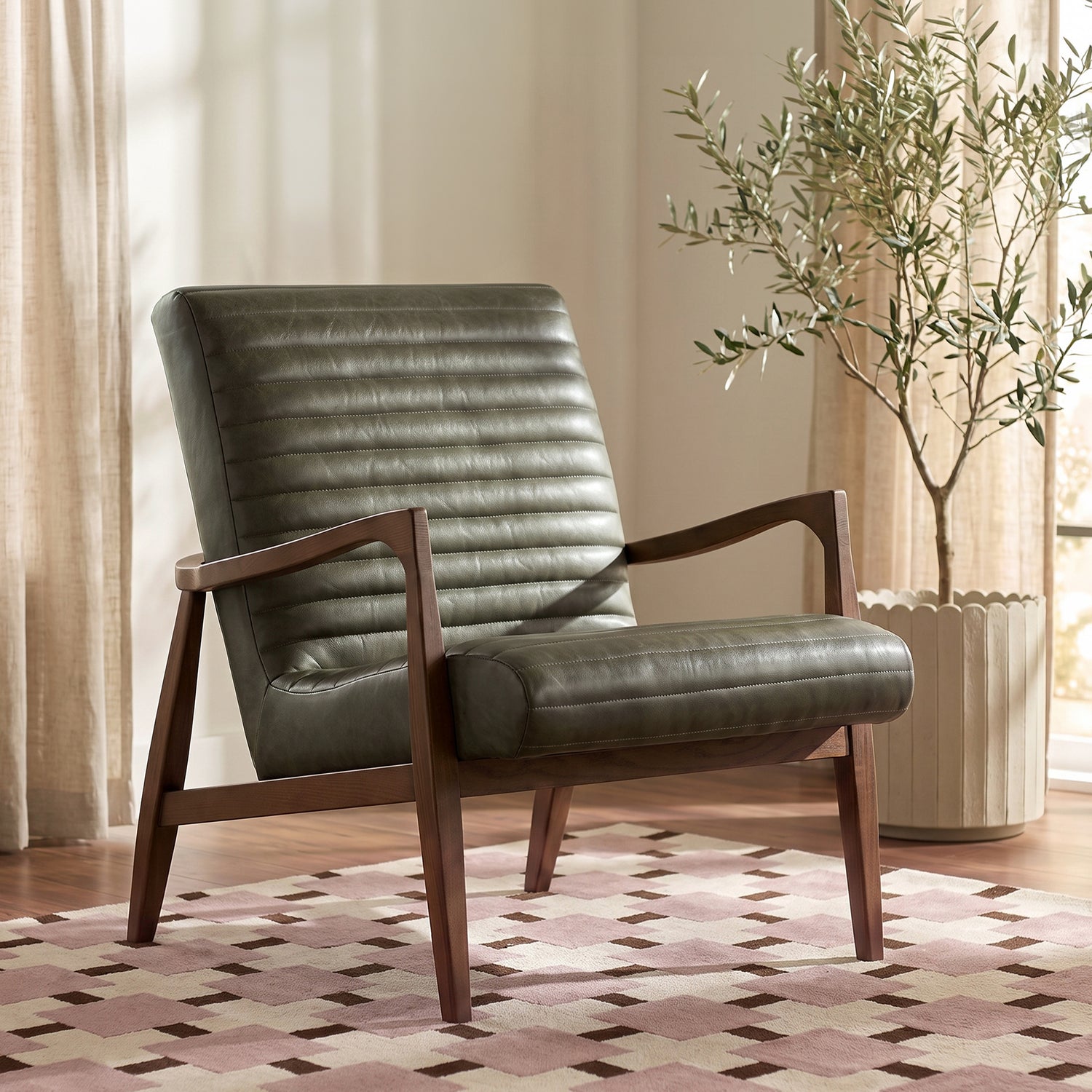 Rowan Leather Lounge Chair | Olivine Green | Single lifestyle_image