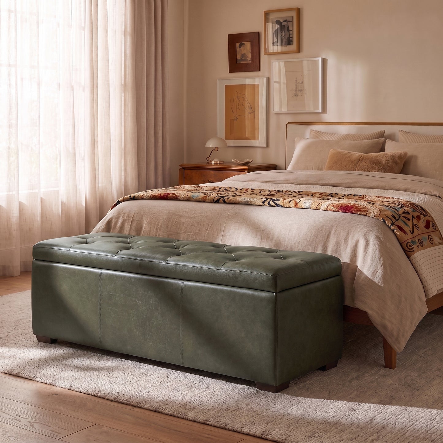 Senja Leather Storage Ottoman | Olivine Green