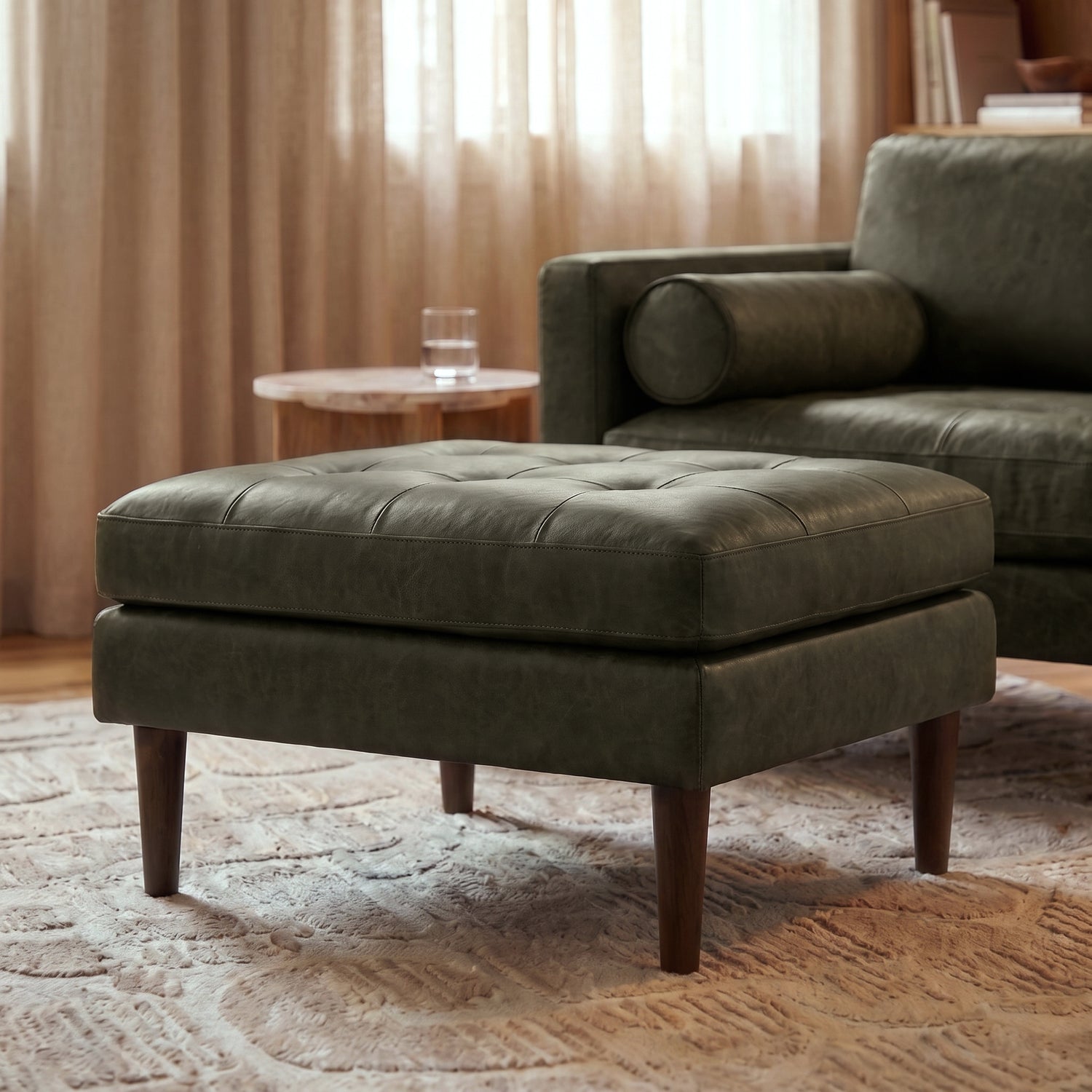 Napa Leather Ottoman | Olivine Green lifestyle_image