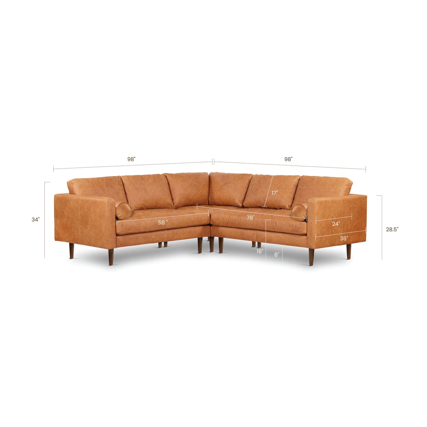Napa 98" Leather L-Shaped Corner Sectional Sofa | Cognac Tan