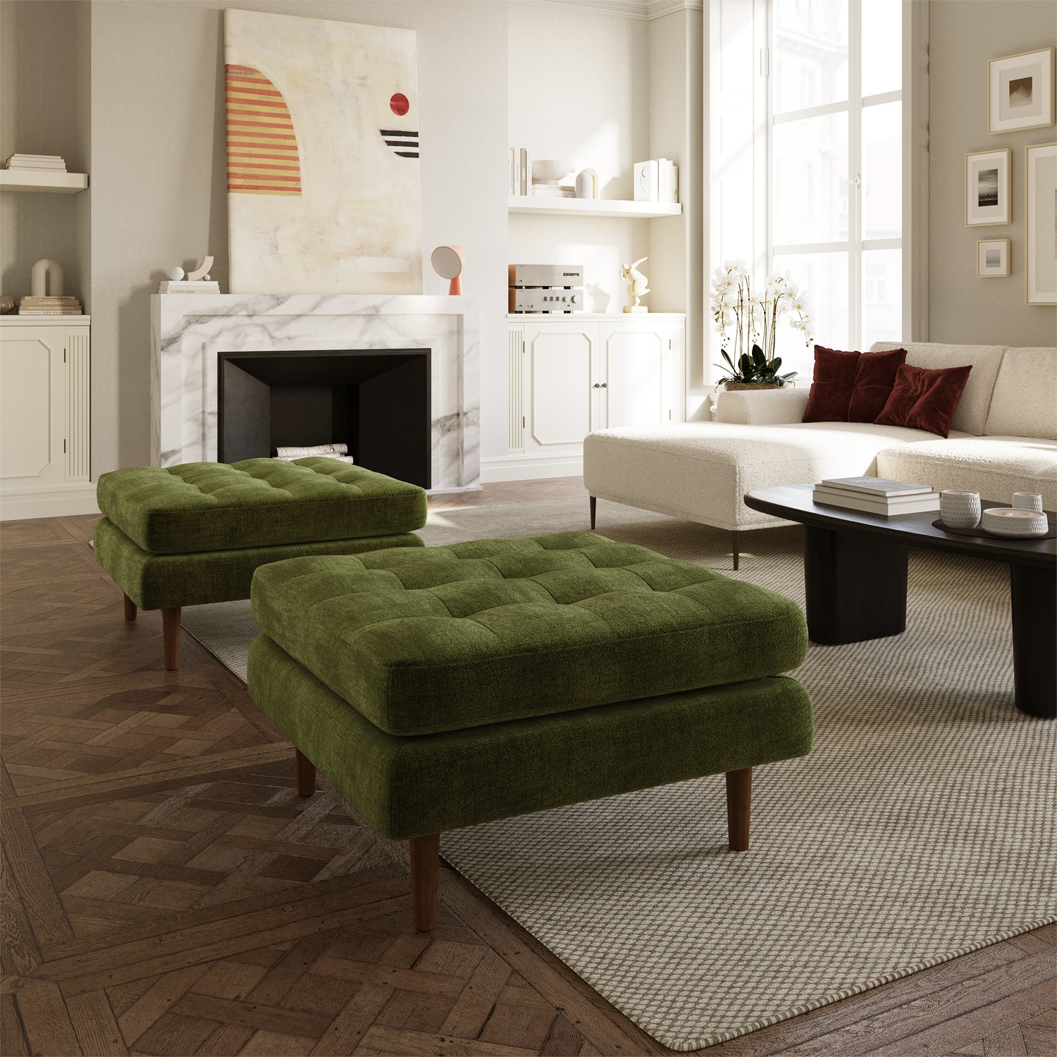 Napa Velvet Ottoman | Distressed Green lifestyle_image