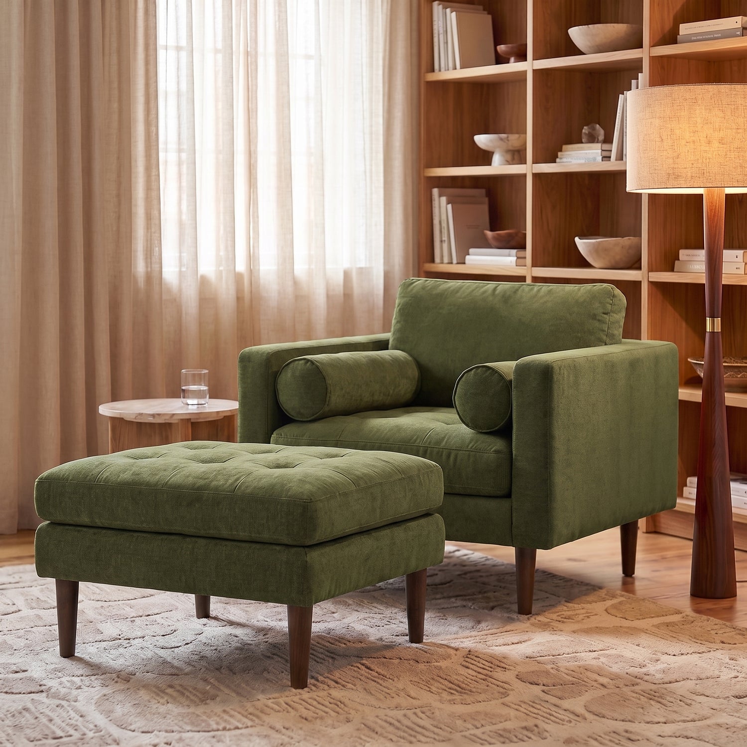 Napa Velvet Ottoman | Distressed Green lifestyle_image