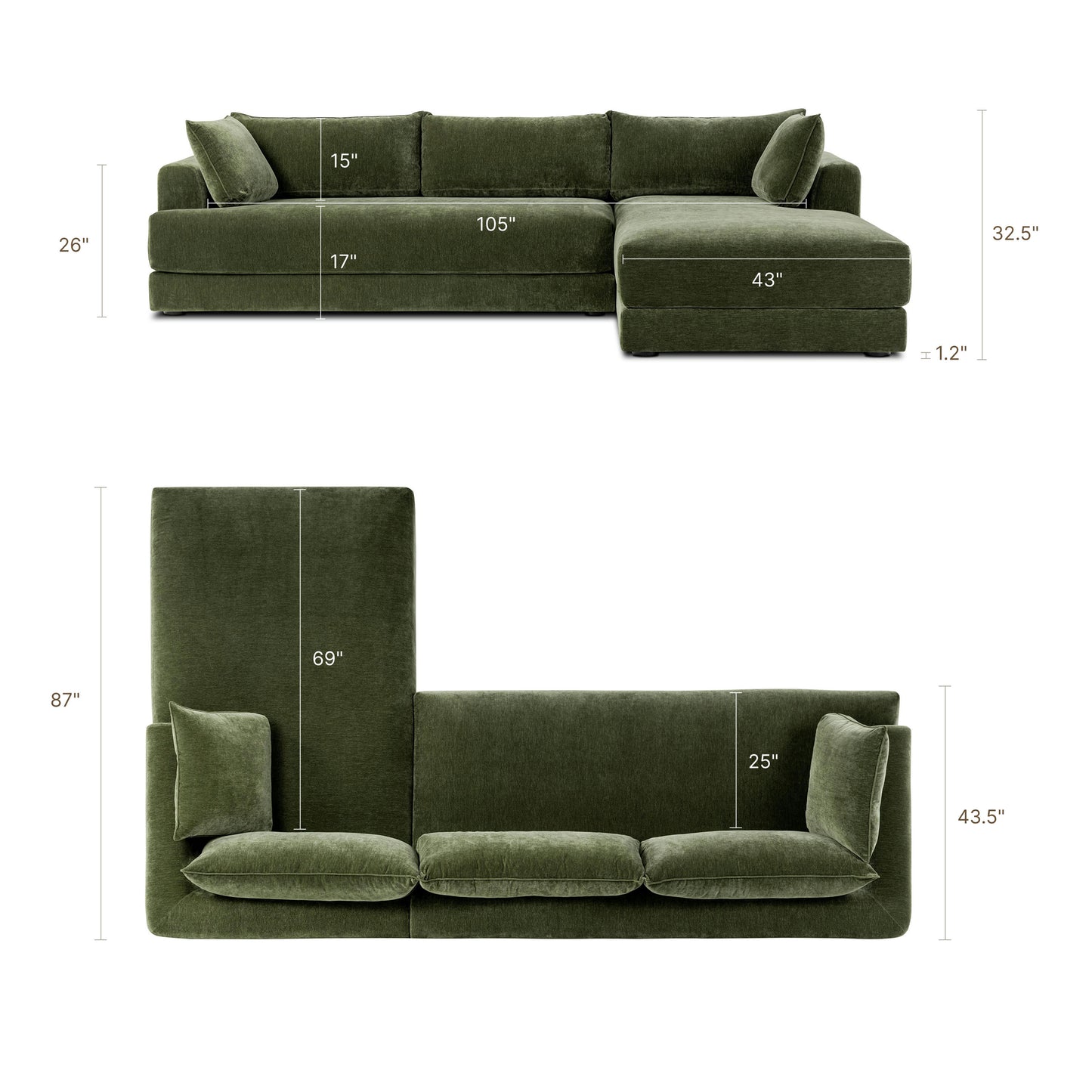 Marcel 122” Right-Facing Chaise Sectional | Sagano Green