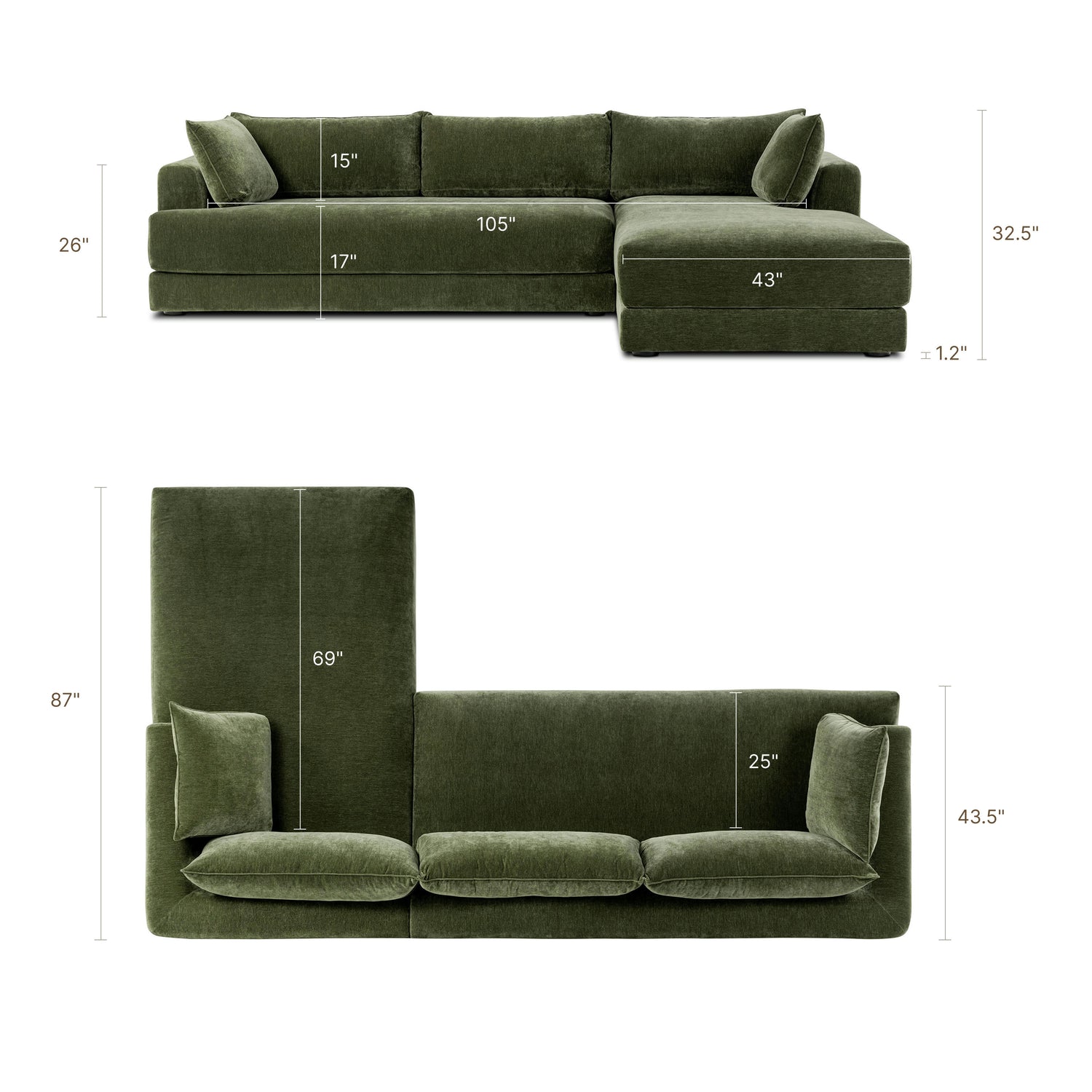 Marcel 122” Right-Facing Chaise Sectional | Sagano Green 