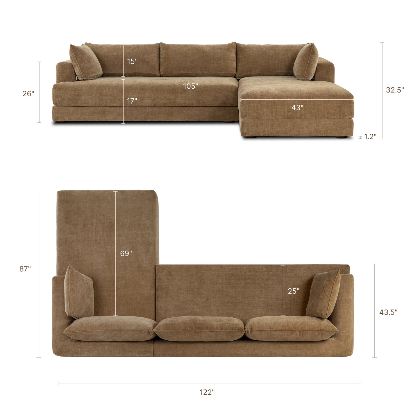 Marcel 122” Right-Facing Chaise Sectional | Tawny Brown