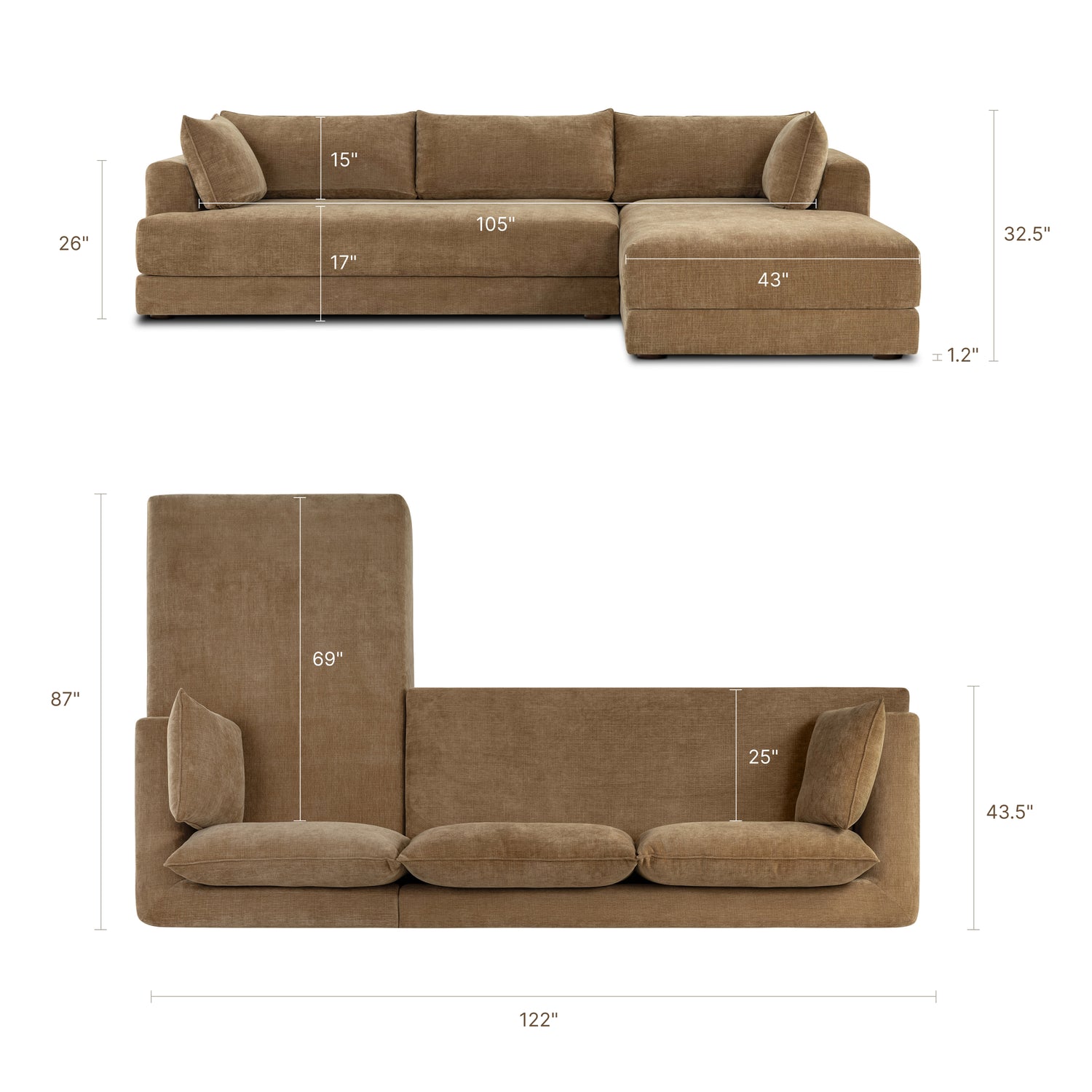 Marcel 122” Right-Facing Chaise Sectional | Tawny Brown 