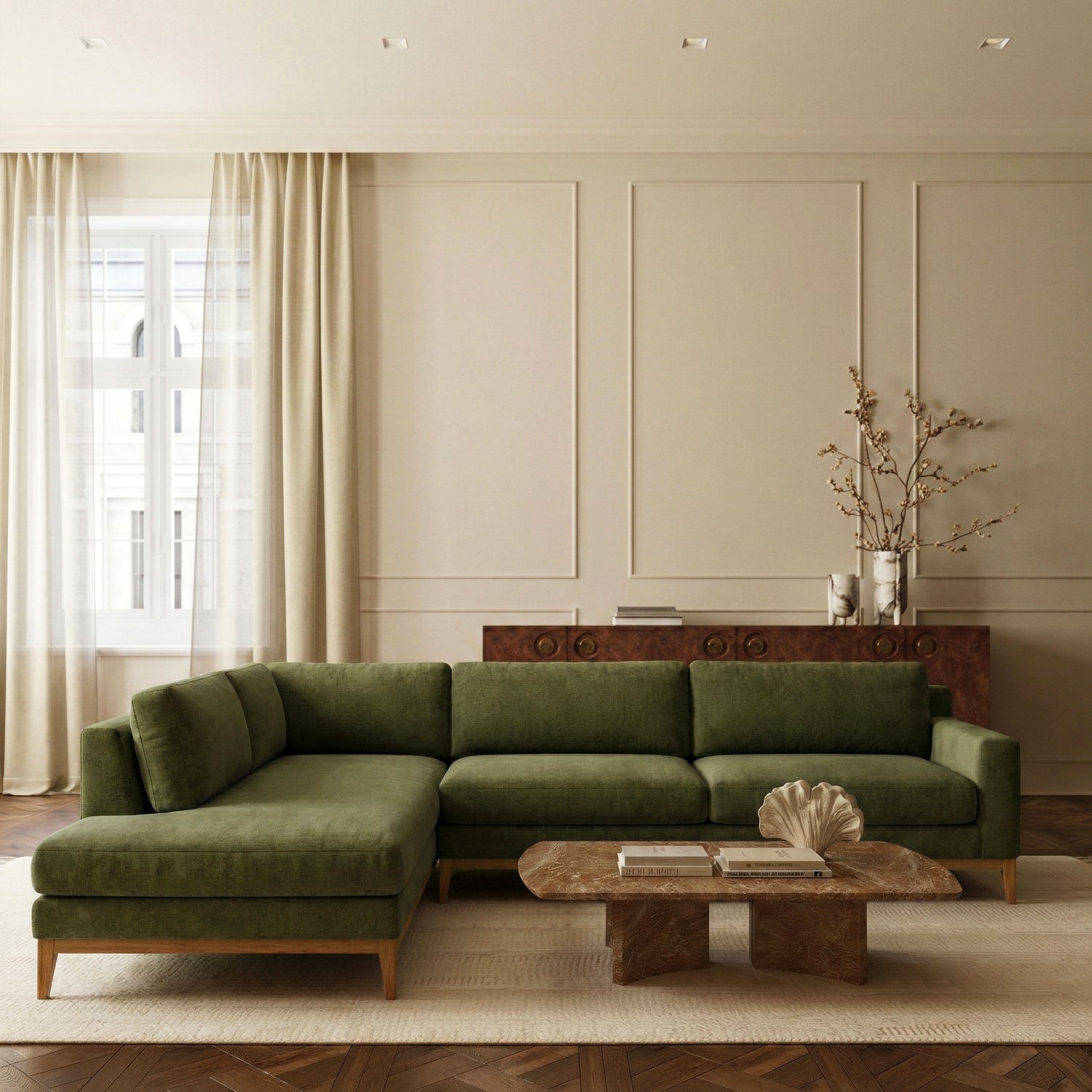 Zyon Left-Facing Bumper Chaise Sectional | Distressed Green 