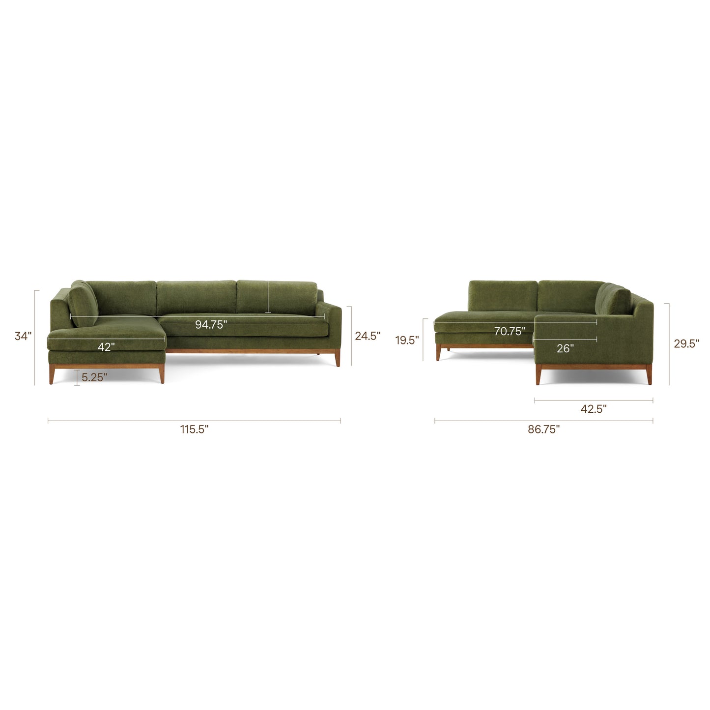 Zyon Left-Facing Bumper Chaise Sectional | Distressed Green