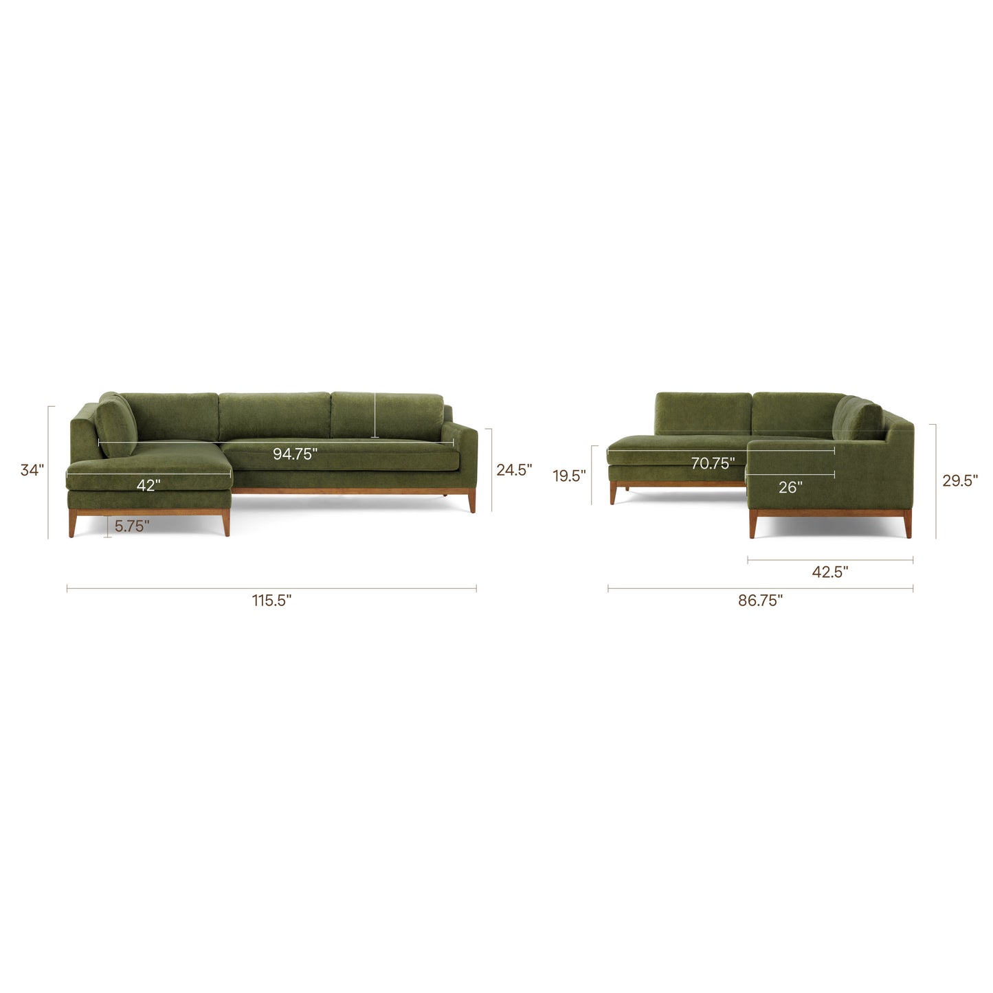 Zyon 115" Left-Facing Bumper Chaise Sectional | Distressed Green Velvet