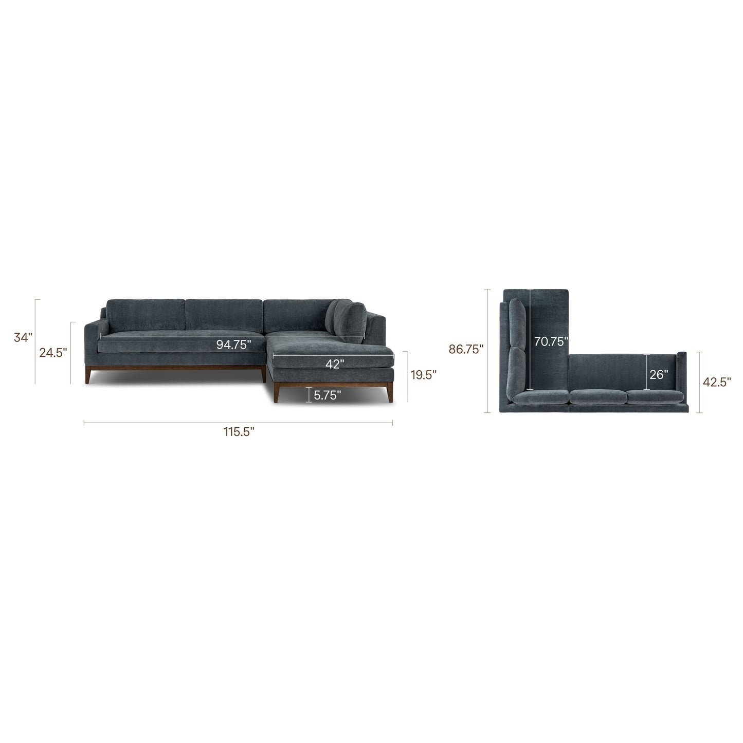 Zyon 115" Right-Facing Bumper Chaise Sectional | Boreal Blue