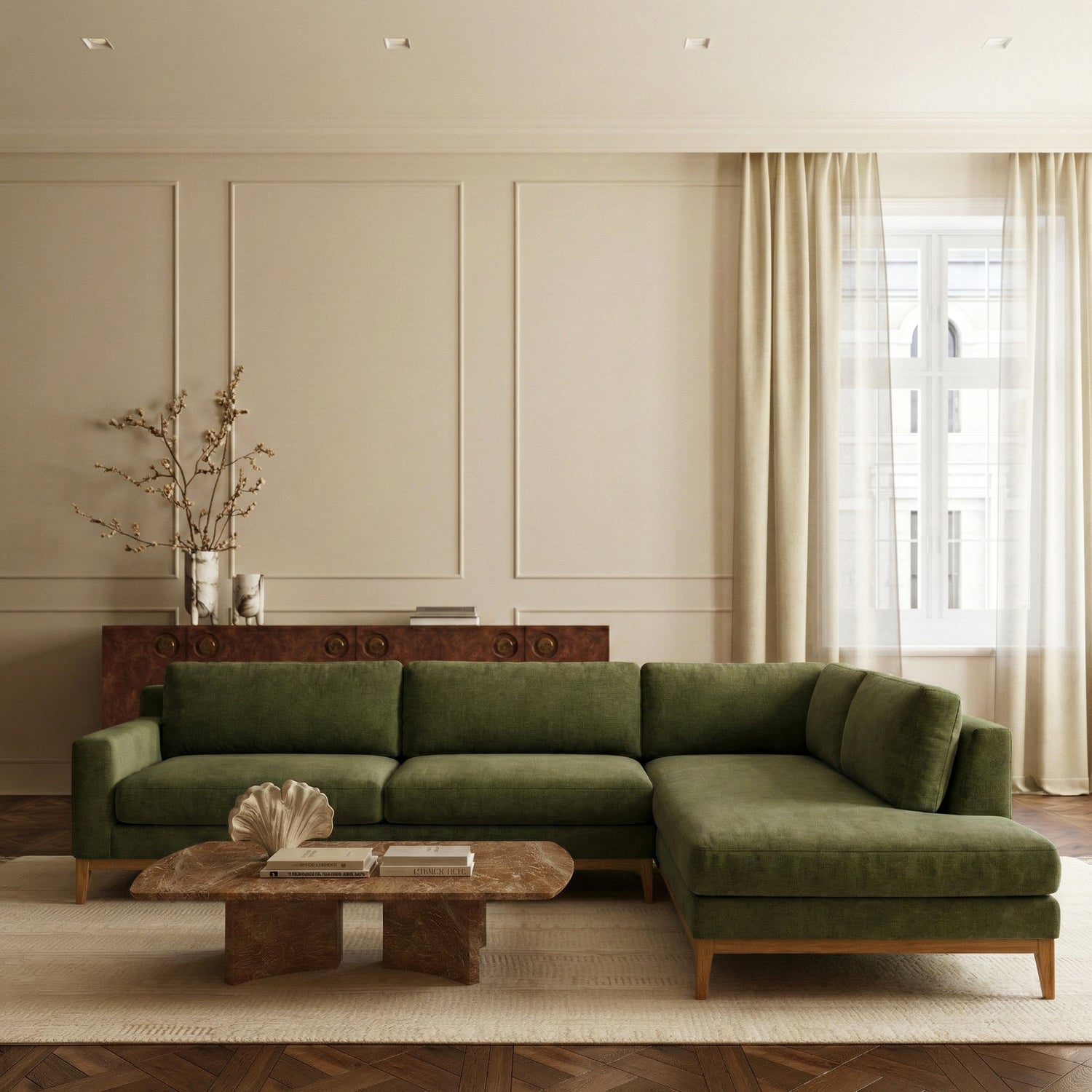 Zyon Right-Facing Bumper Chaise Sectional | Distressed Green lifestyle_image