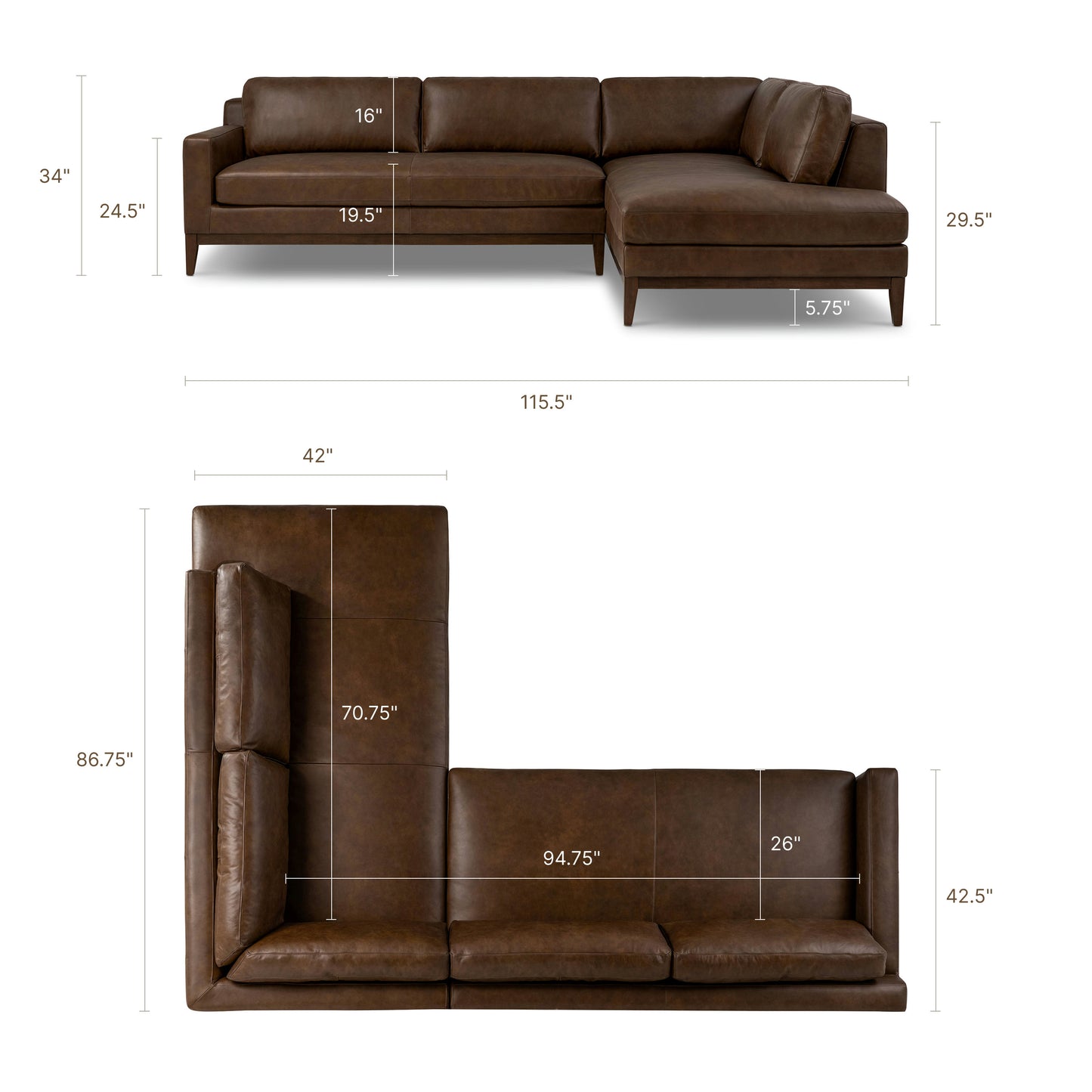 Zyon 115.5" Leather Right-Facing Bumper Chaise Sectional | Vintage Brown