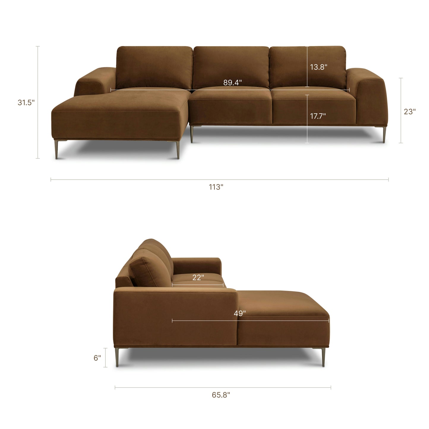 Rue 113" Left-Facing Chaise Sectional | Haven Brown