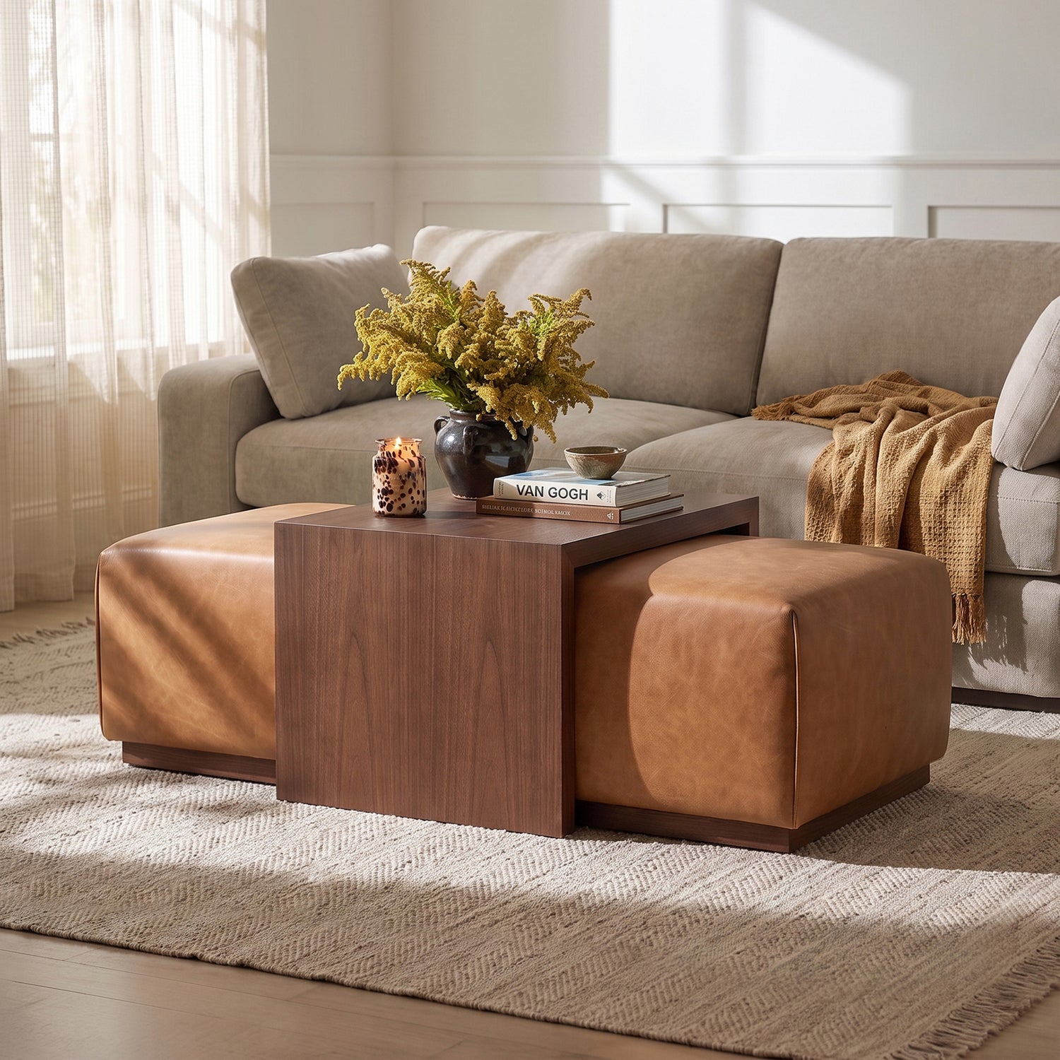 Jarmo Leather Ottoman with Walnut Table | Saddle Tan lifestyle_image
